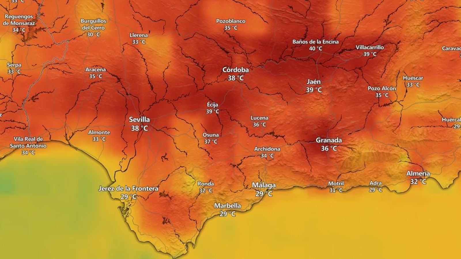 Mapa de calor en Andalucía. Mapa de calor en Andalucía.