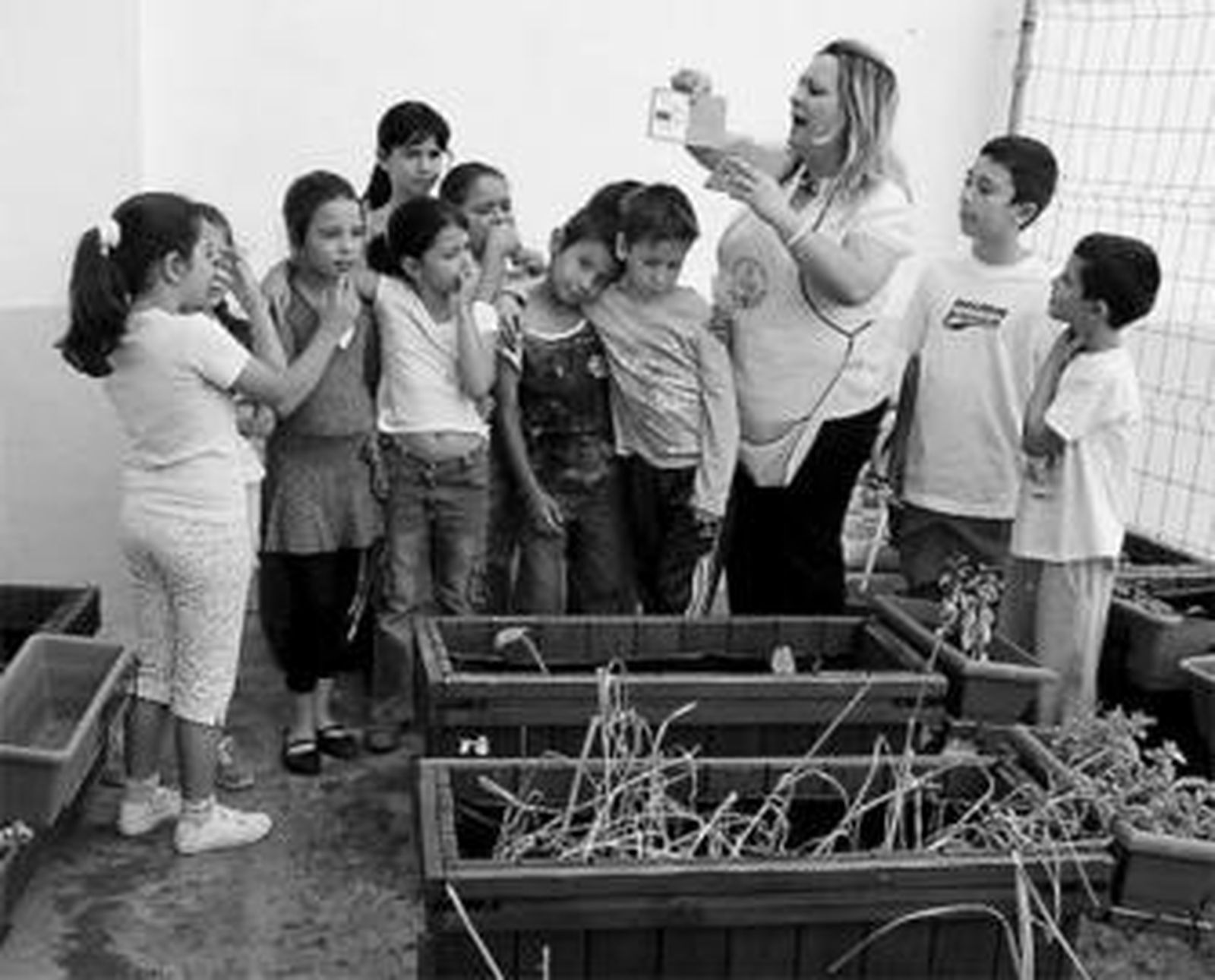 1. Una profesora junto al huerto escolar que cuida con los alumnos del colegio. 2. Uno de los bajos comerciales que se utilizaban como aulas escolares antes de la construcción del edificio del centro educativo. 3. Imagen de una de las primeras promociones del Ángel Ganivet.4. Francisco Carbonero, actual director, a la entrada del colegio. 5. Un grupo musical, durante una actuación en una de las fiestas de fin de curso.