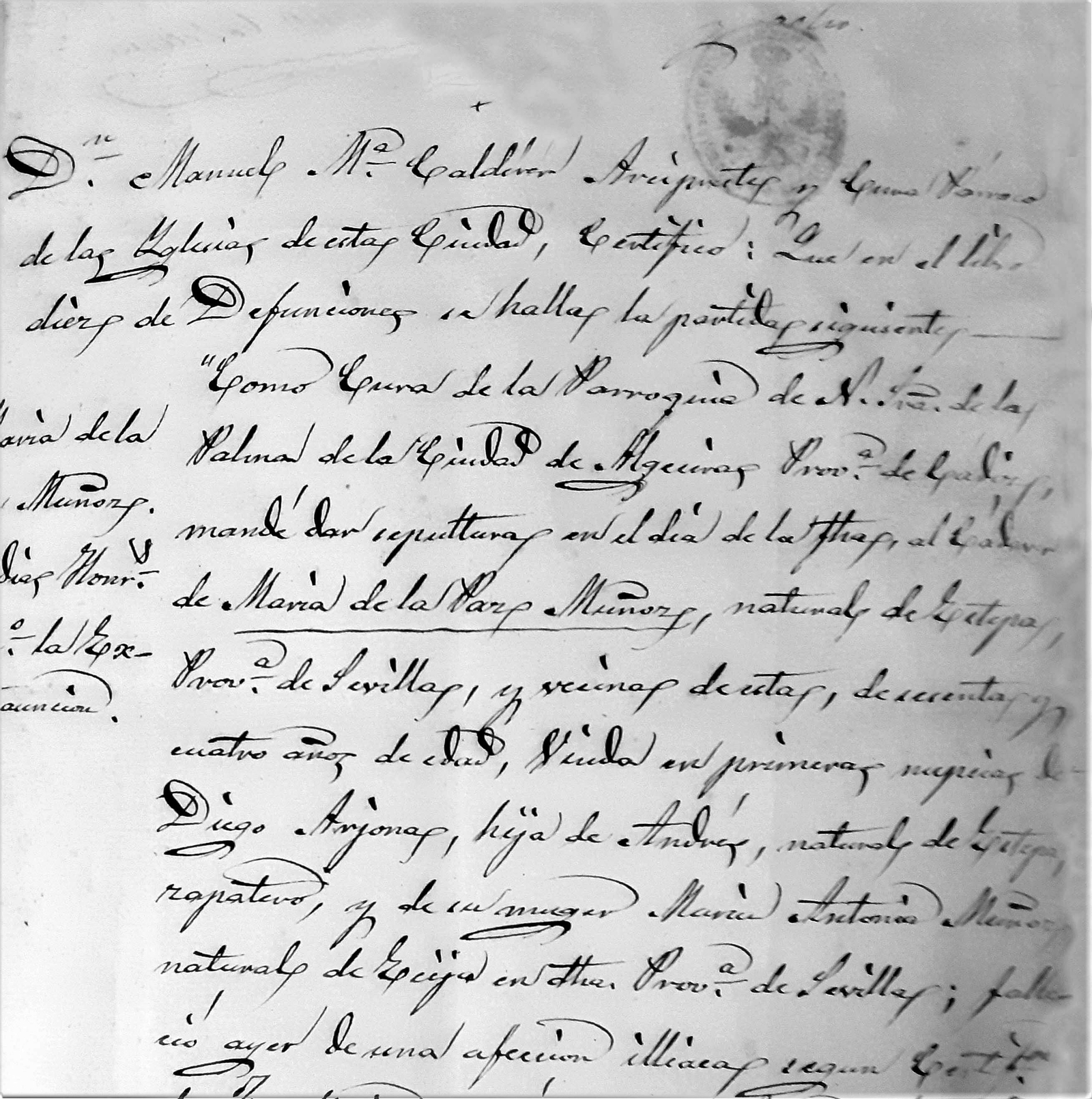 Certificado parroquial ordenando dar sepultura (1868).