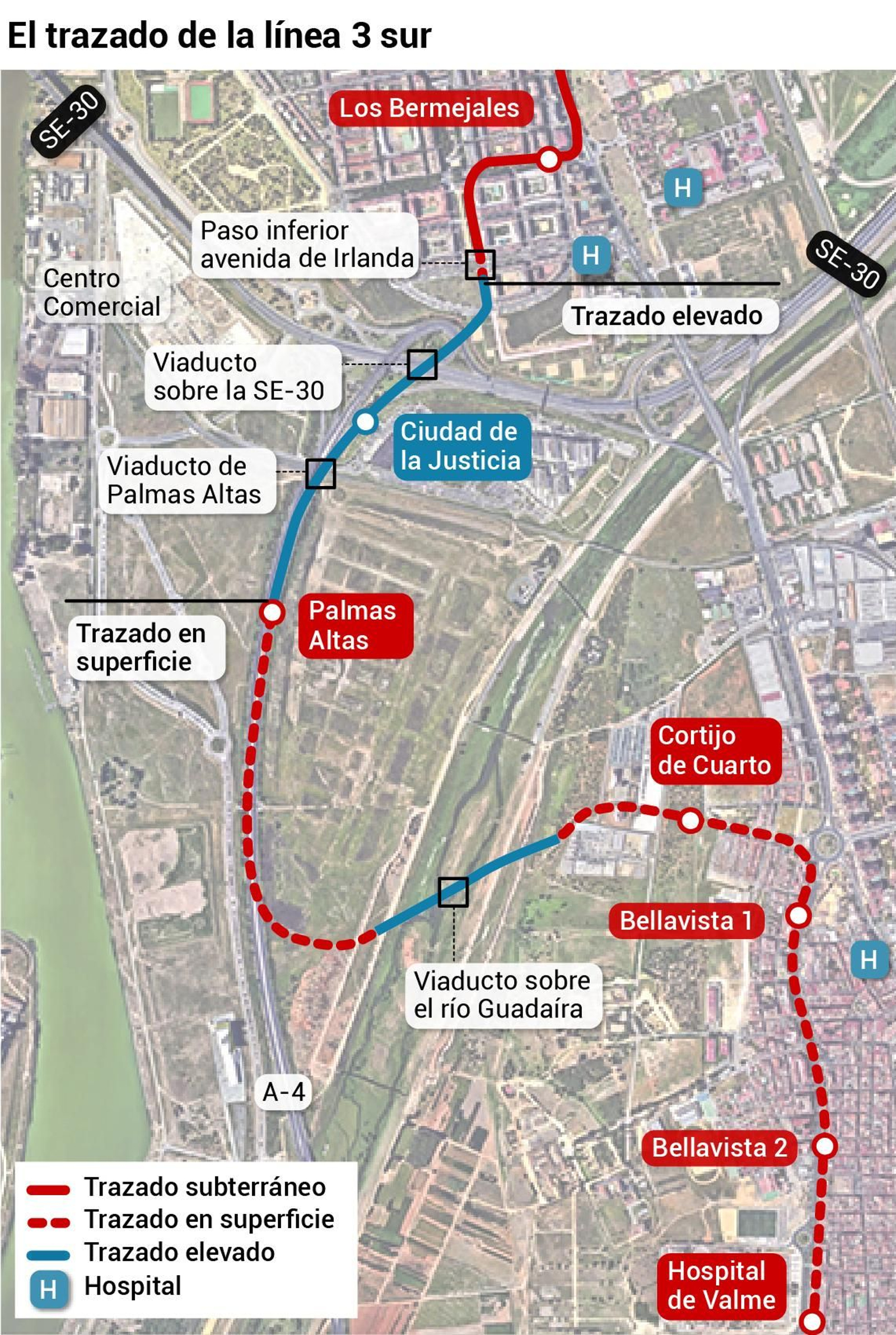 El trazado que propone la Junta para el tramo sur del Metro (parte 2). Fuente: Junta de Andalucía