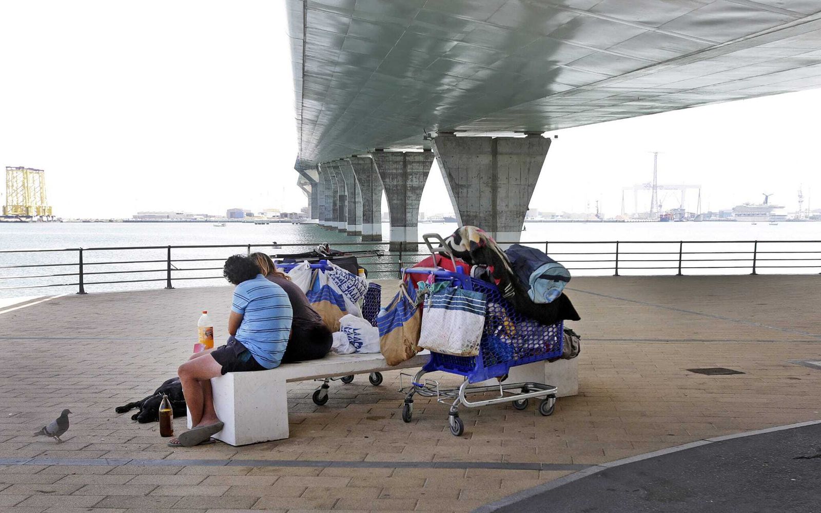 Las personas sin hogar que se han asentado en los bajos del segundo puente, con sus pertenencias.