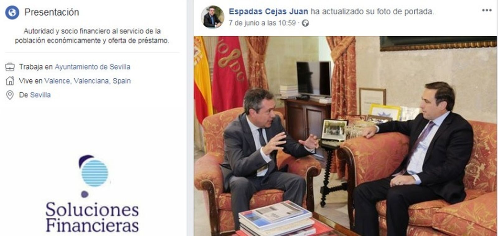 Falso perfil de Juan Espadas en Facebook.