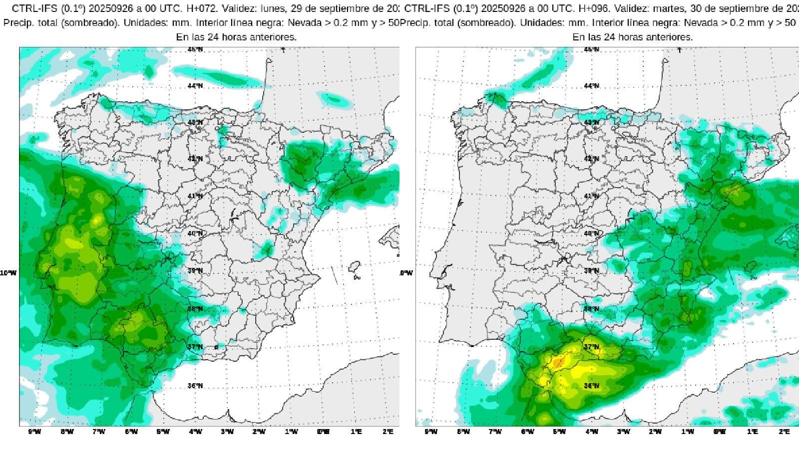 Precipitación acumulada para lunes y martes prevista por Aemet.