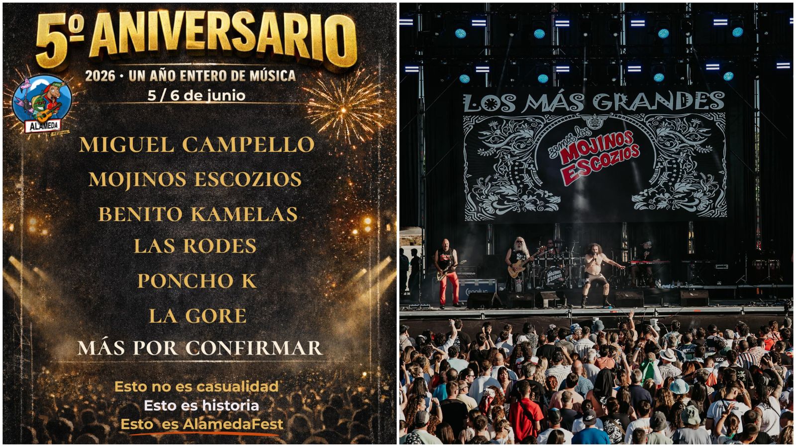 El cartel del Alameda Festival 2026 y el concierto de Mojinos Escozíos el pasado año.