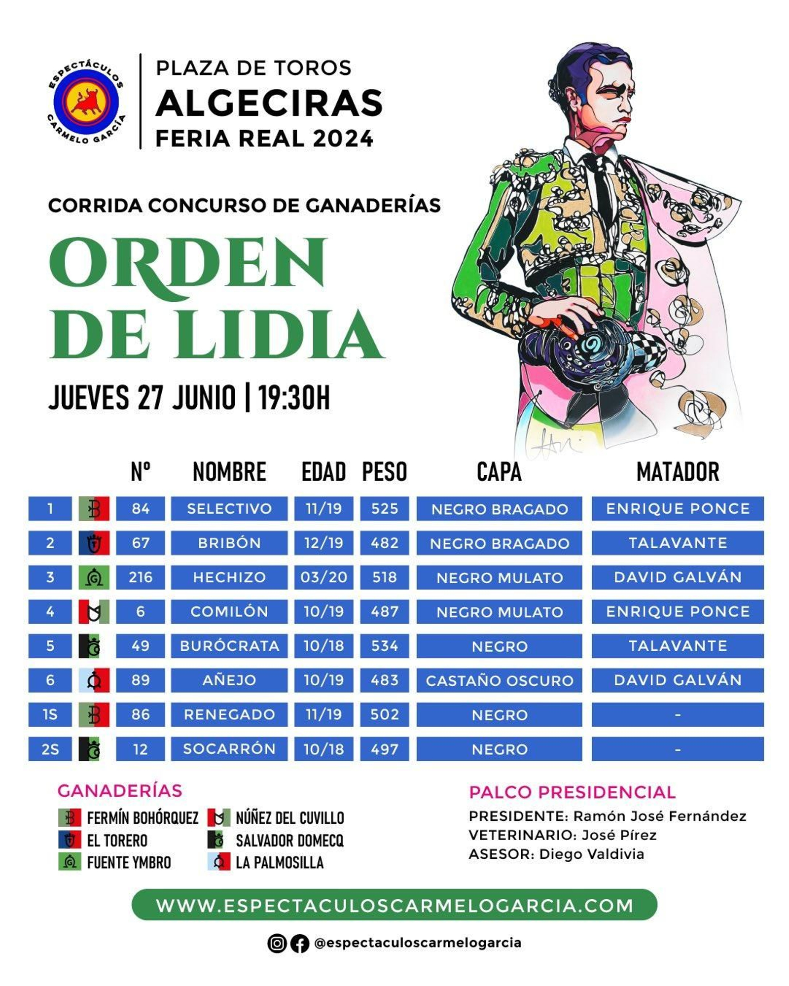 Orden de lidia en Algeciras, con 'Hechizo' en tercer lugar.