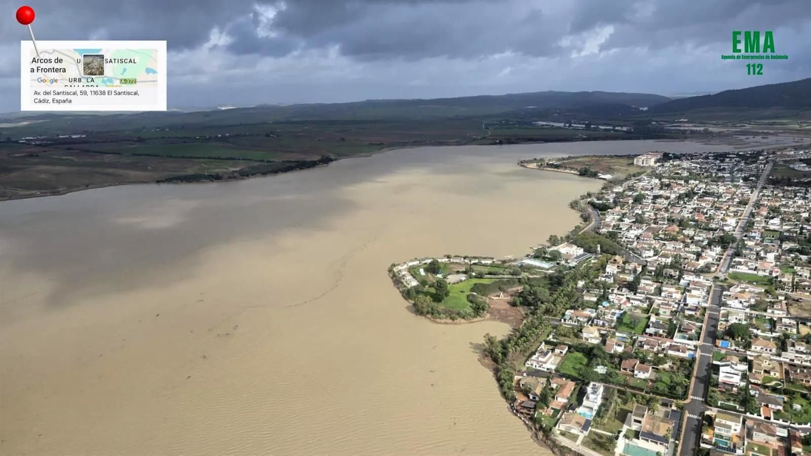 Así se ve desde el aire el desbordamiento del río Guadalete en Jerez, El Puerto, Arcos y la Sierra.