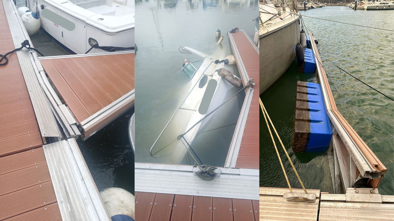 Diferentes daños en los clubes náuticos de Algeciras con un barco hundido (en el centro).