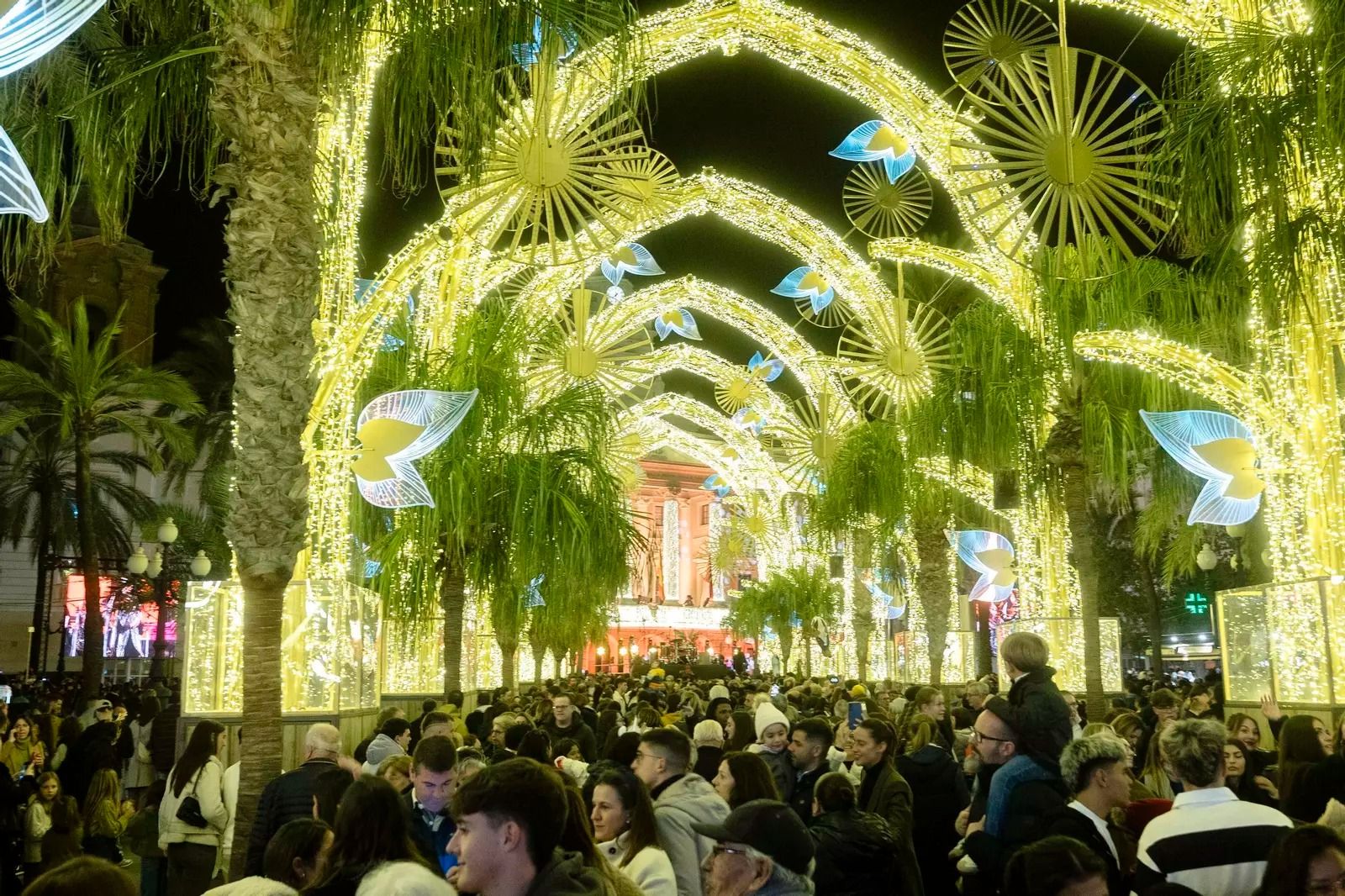 Los arcos de luces en Cádiz durante la Navidad 2025, donde se celebra el espectáculo de luz y sonido.