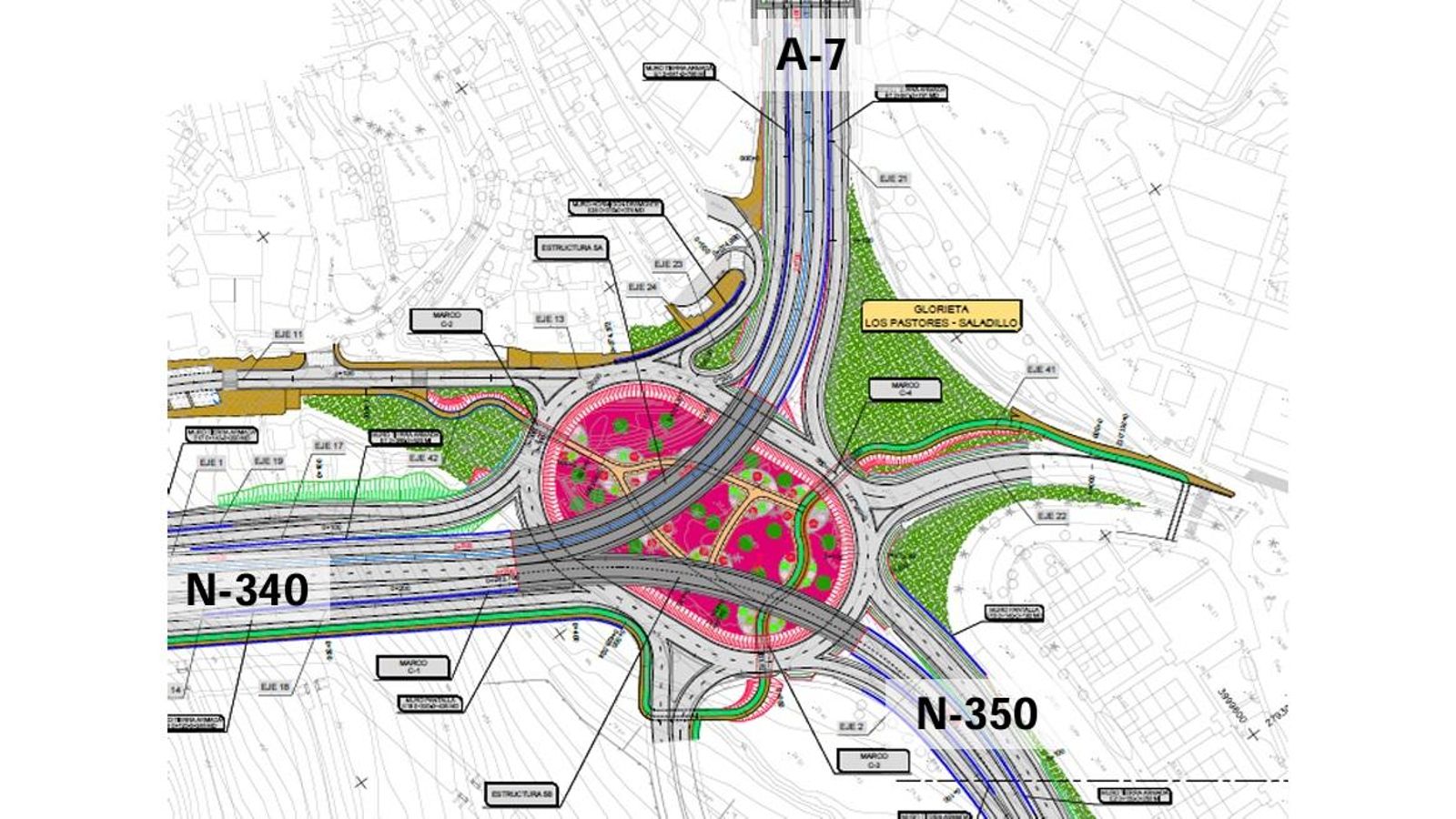 El futuro enlace entre Los Pastores y El Saladillo (N-340, A-7, N-350 y conexiones del viario local).