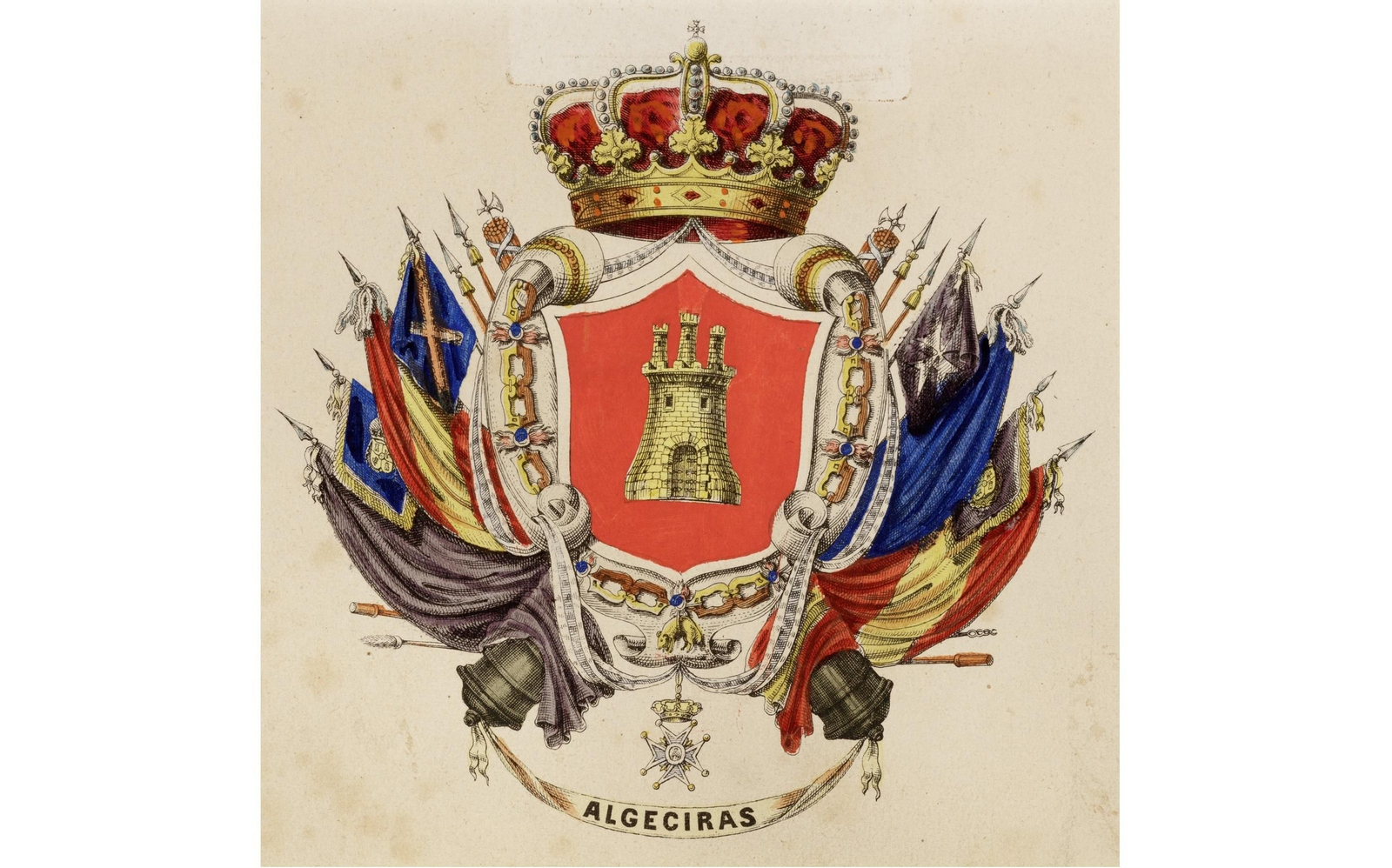 Escudo de Algeciras Armas de la ciudad de Algeciras, en una estampación en litografía coloreada, incluidas en la obra de Vicente Díaz y de Comas Álbum Regio, impreso en La Habana en 1855 en la Librería del Progreso, con una serie de escudos de ciudades de la corona española junto con diversas partituras musicales. En este caso, el escudo ha sido recortado y carece tanto de la partitura, correspondiente en su caso a una “Overtura”, como de la orla litografiada de castillos y leones que encuadraba la estampa original.
