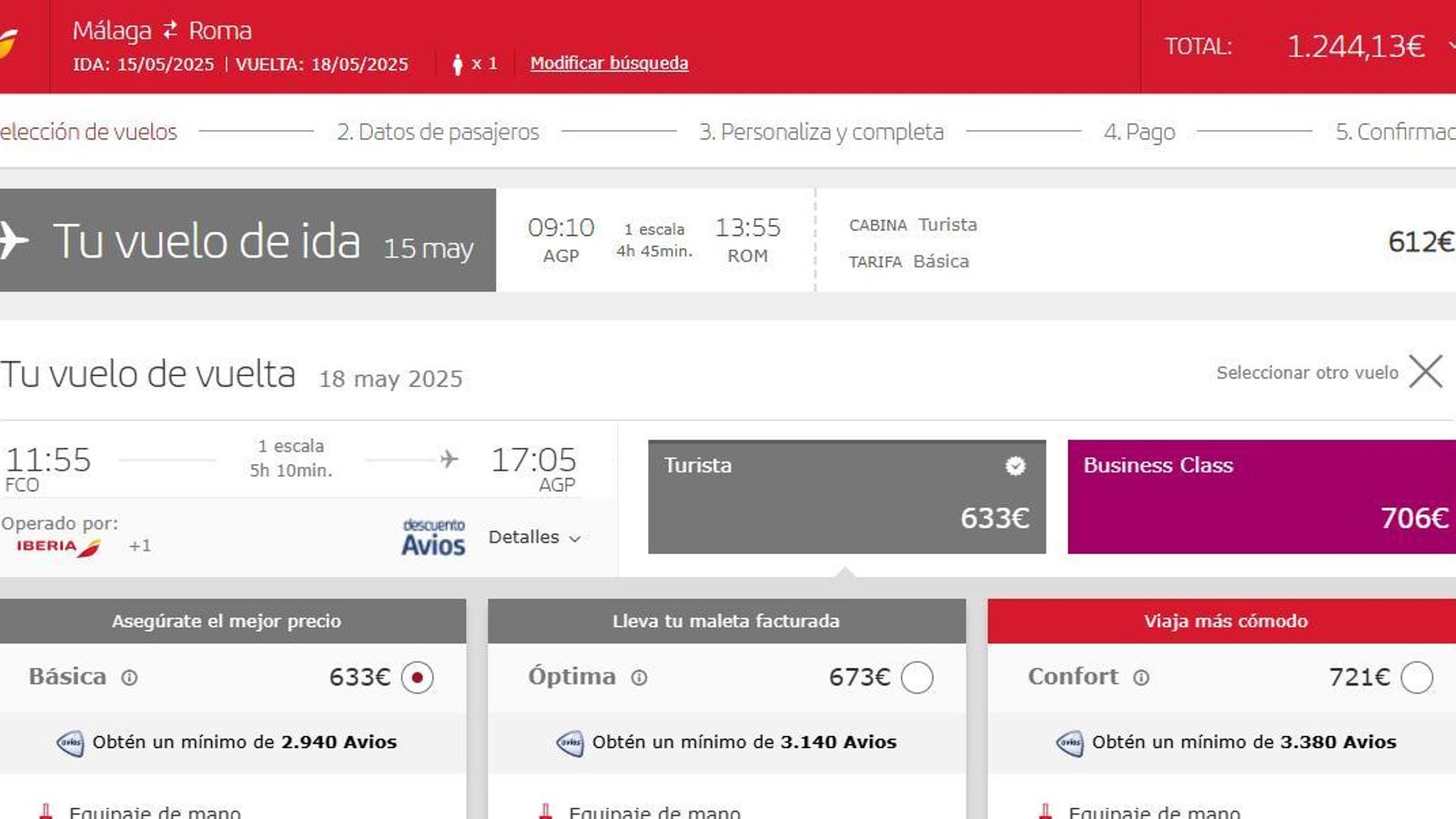 Precio final para una sola persona saliendo desde Málaga con Iberia
