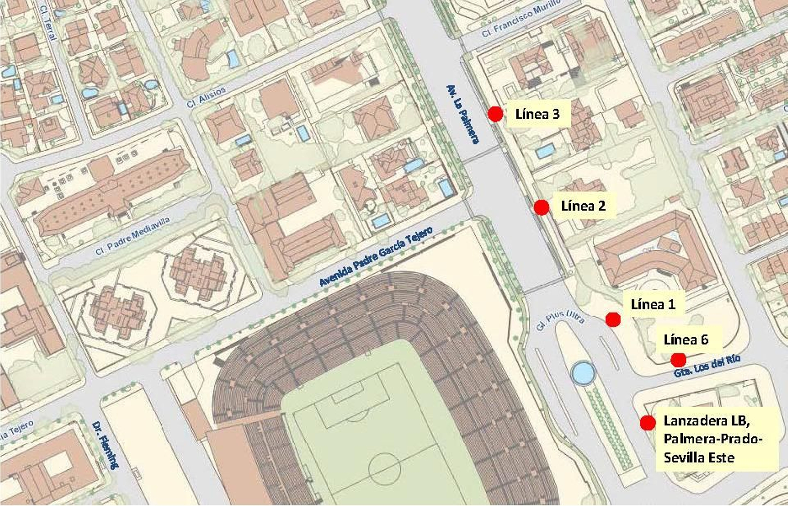 Mapa con paradas ubicadas en los aledaños del Estadio Benito Villamarín.