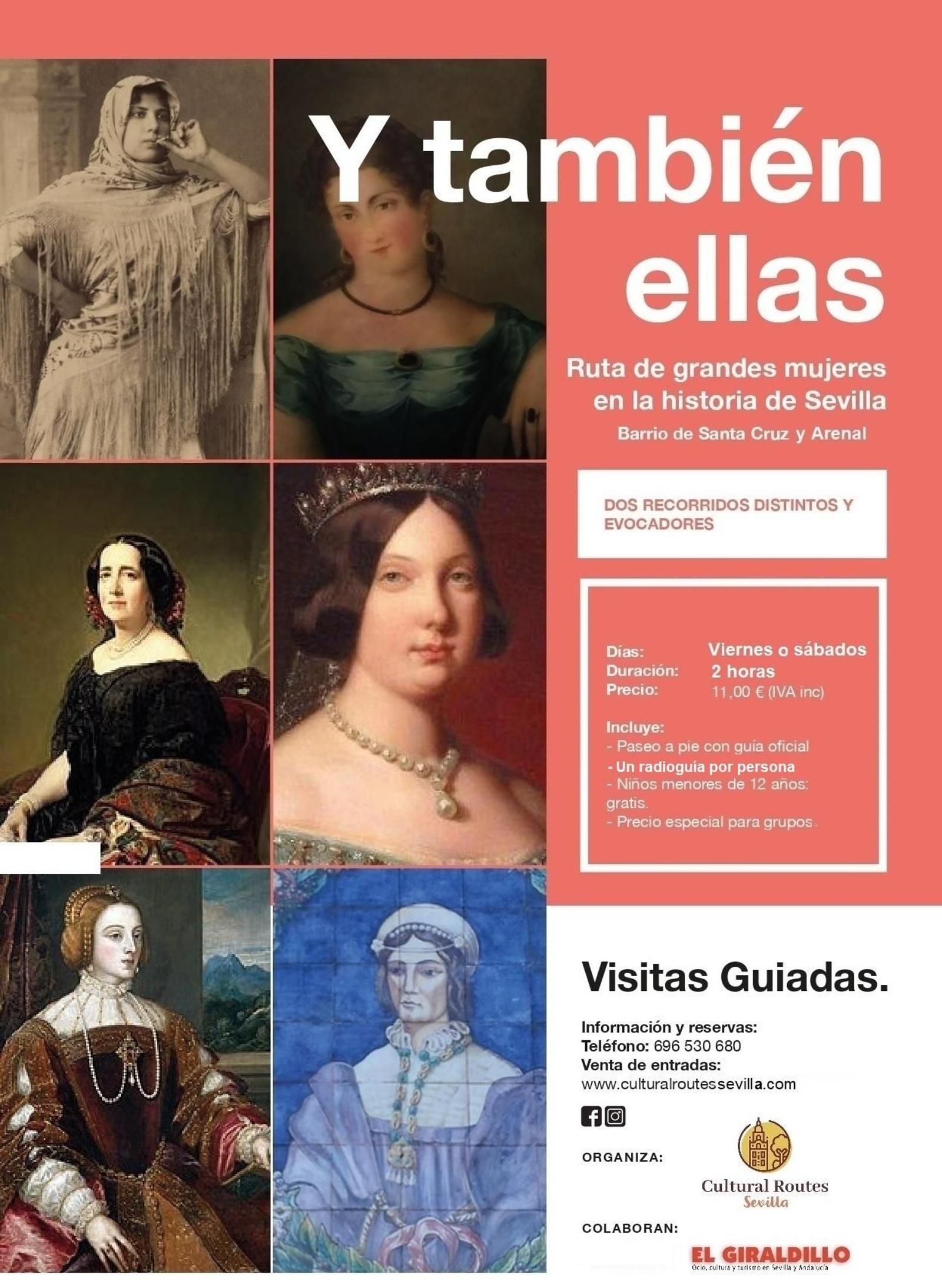 Cartel de la visita guiada 'Y también ellas: Ruta de Grandes Mujeres en la Historia de Sevilla. Barrio de Santa Cruz'.
