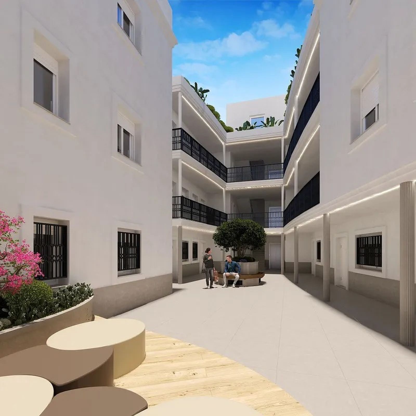 Infografía de las zonas comunes interiores, diseñadas para favorecer la luminosidad y la ventilación natural.