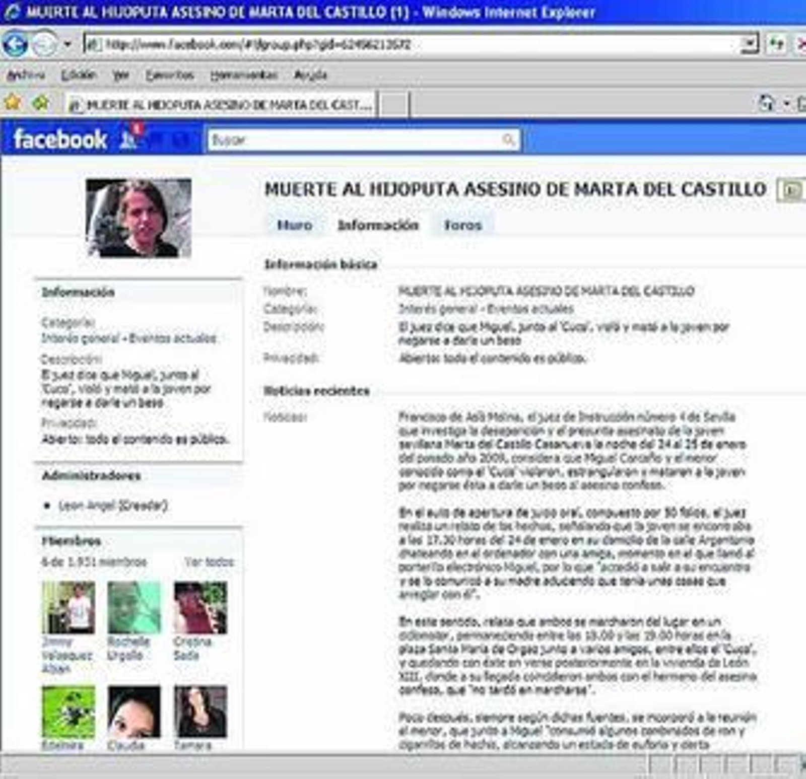 Una captura del grupo en Facebook contra el asesino confeso.
