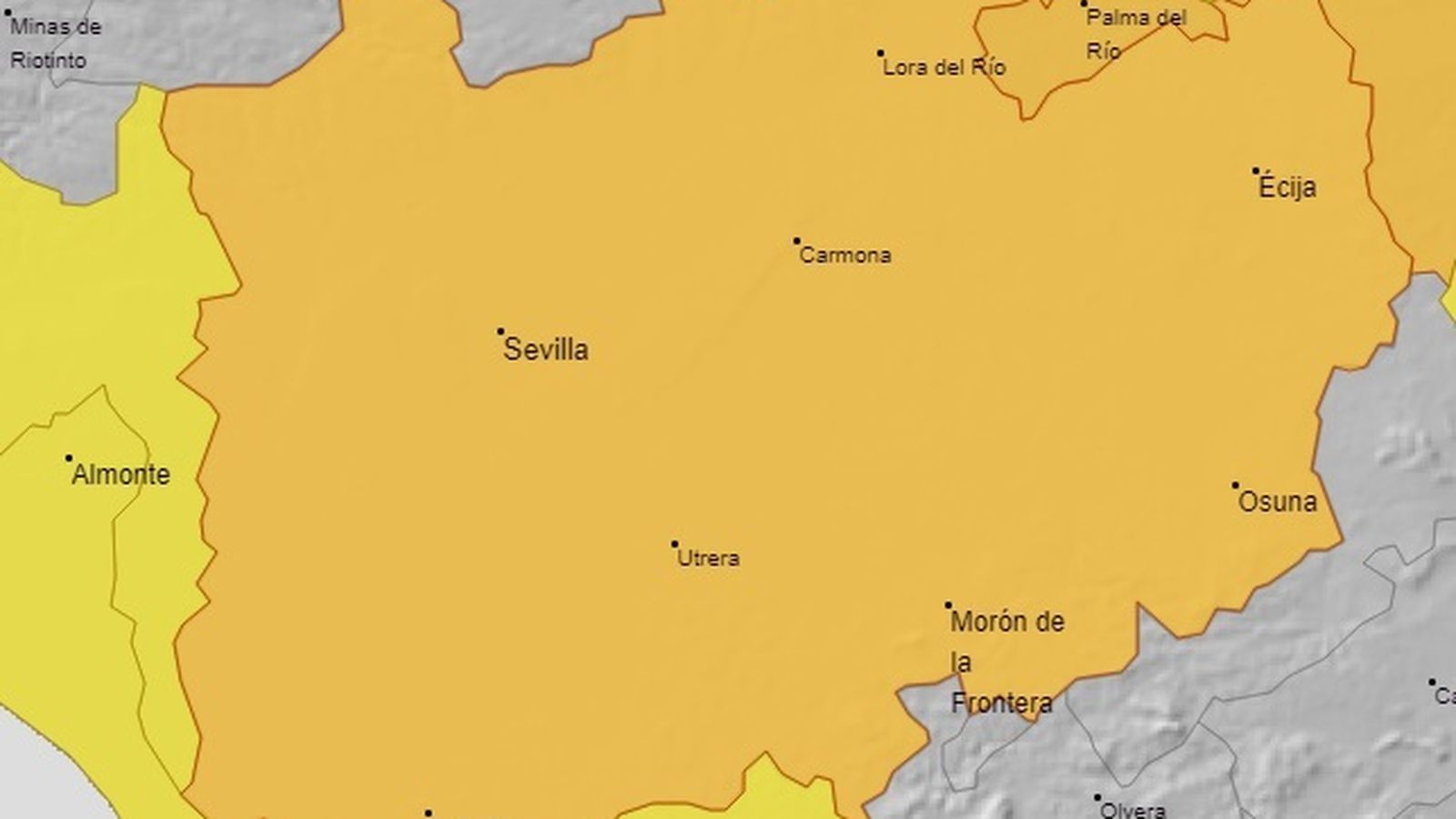Mapa de alertas para el viernes: naranja en la Campiña Sevillana y en la Sierra Sur.