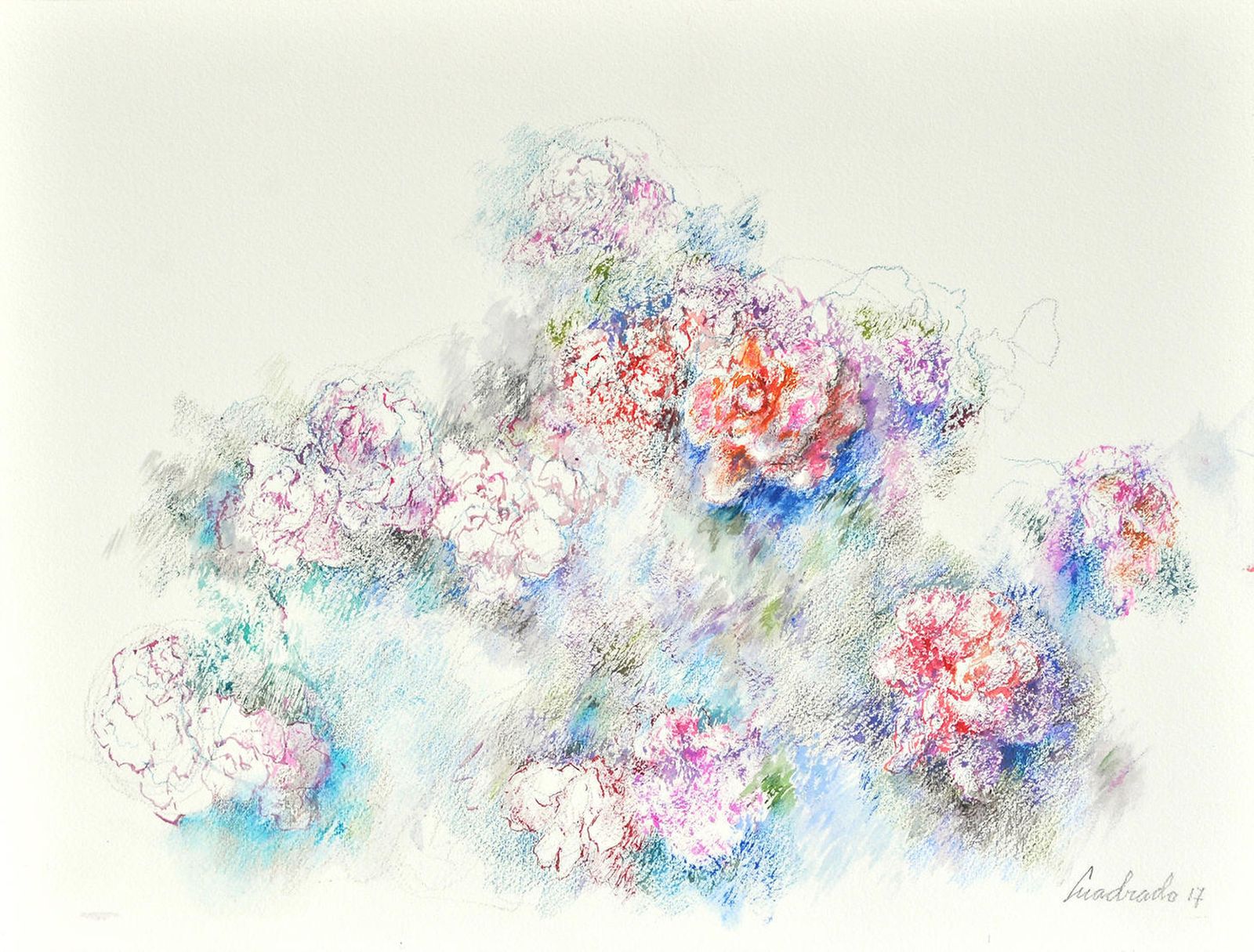 Un autor en búsqueda.  Sorprende que un artista fajado en la denuncia se ejercite con esmero en la delicadeza de la acuarela y en el trazo de los ramos de flores.