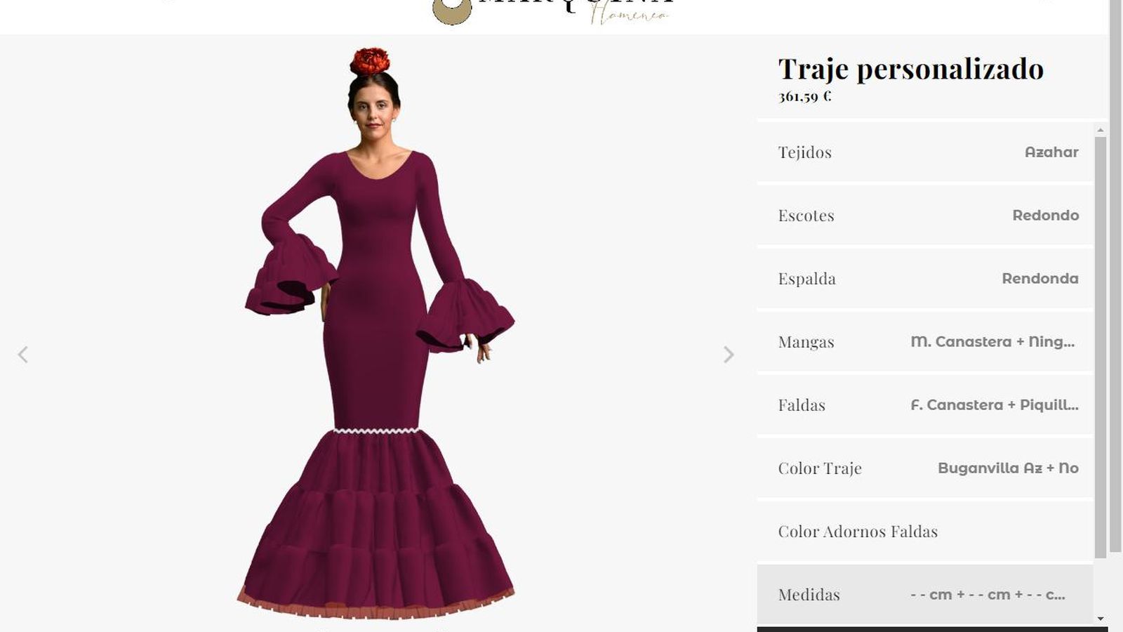 Modelo de traje en la web de Marquina Flamenca