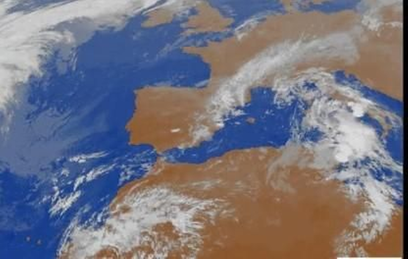 Imagen del satélite Meteosat que muestra a la izquierda el frente lluvioso que se aproxima a la Península
