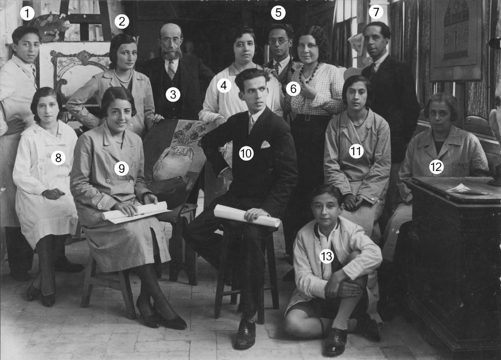 José Paniagua (1), en una clase de pintura con el profesor Pelayo Quintero (3) en la Escuela de Artes y Oficios, junto a Antonia Jiménez González (6), Antonio López de la Orden (7), Aurora Ming (4), Rosa Guerrero (9), Carmen Aguinaga (8) y Manuel López Gil (10), entre otras personas.