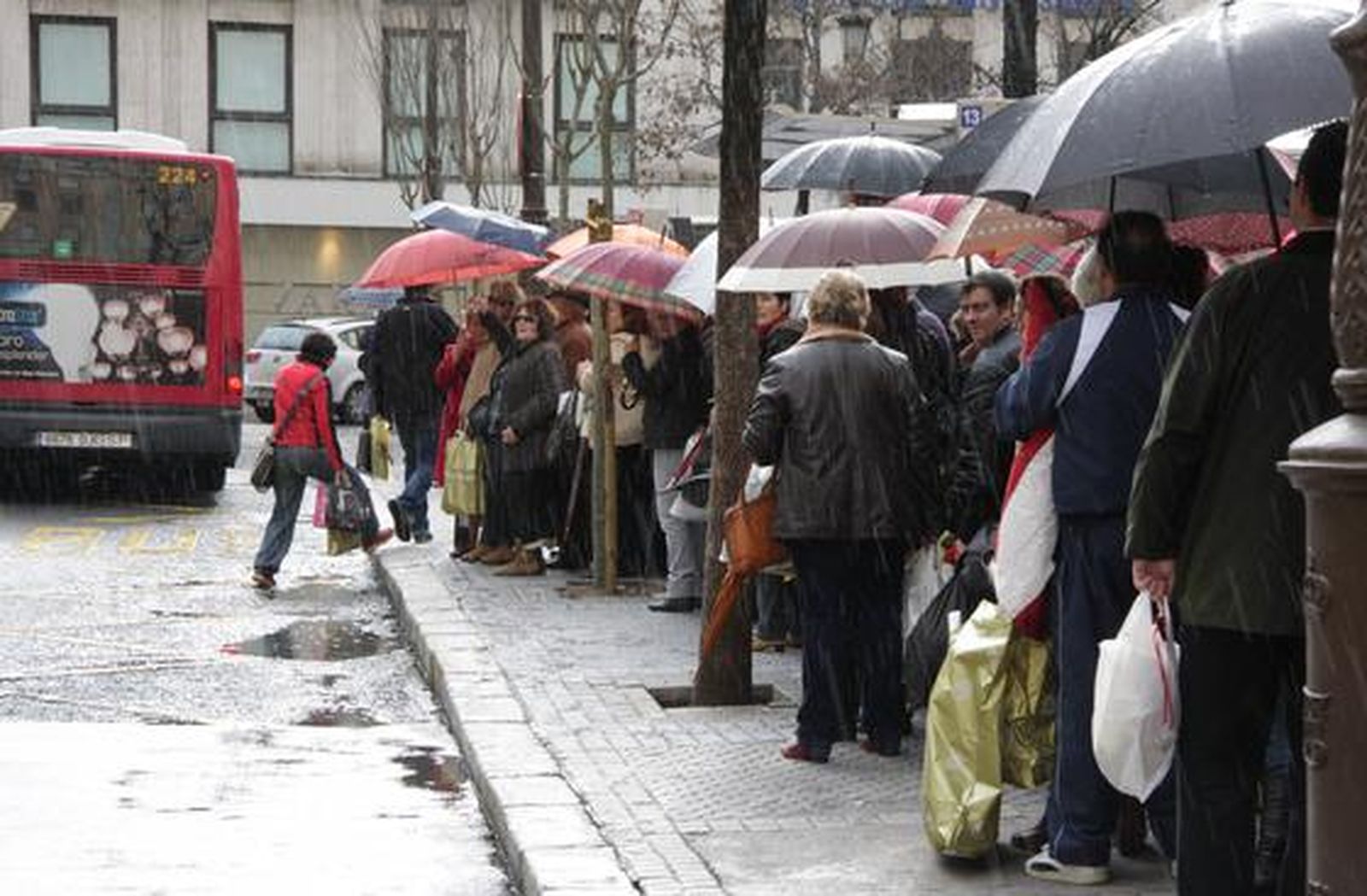 Decenas de personas se protegen de la lluvia mientras esperan el autobús.

Foto: J. C. Vázquez, B. Vargas y A. Pizarro