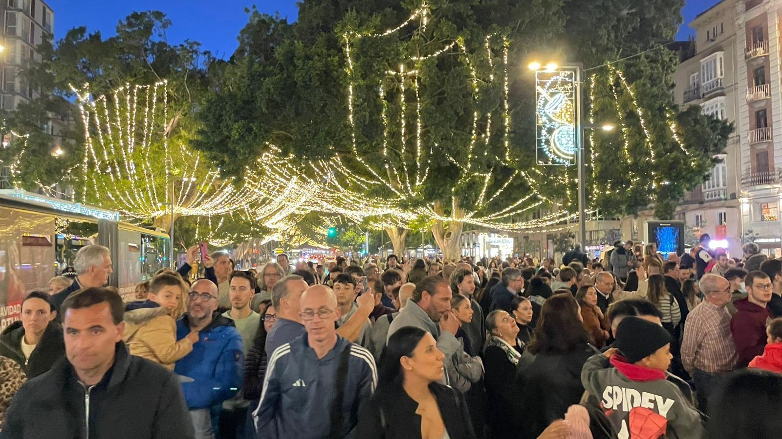 Alameda Principal durante el encendido del alumbrado de calle Larios el Día de la Constitución