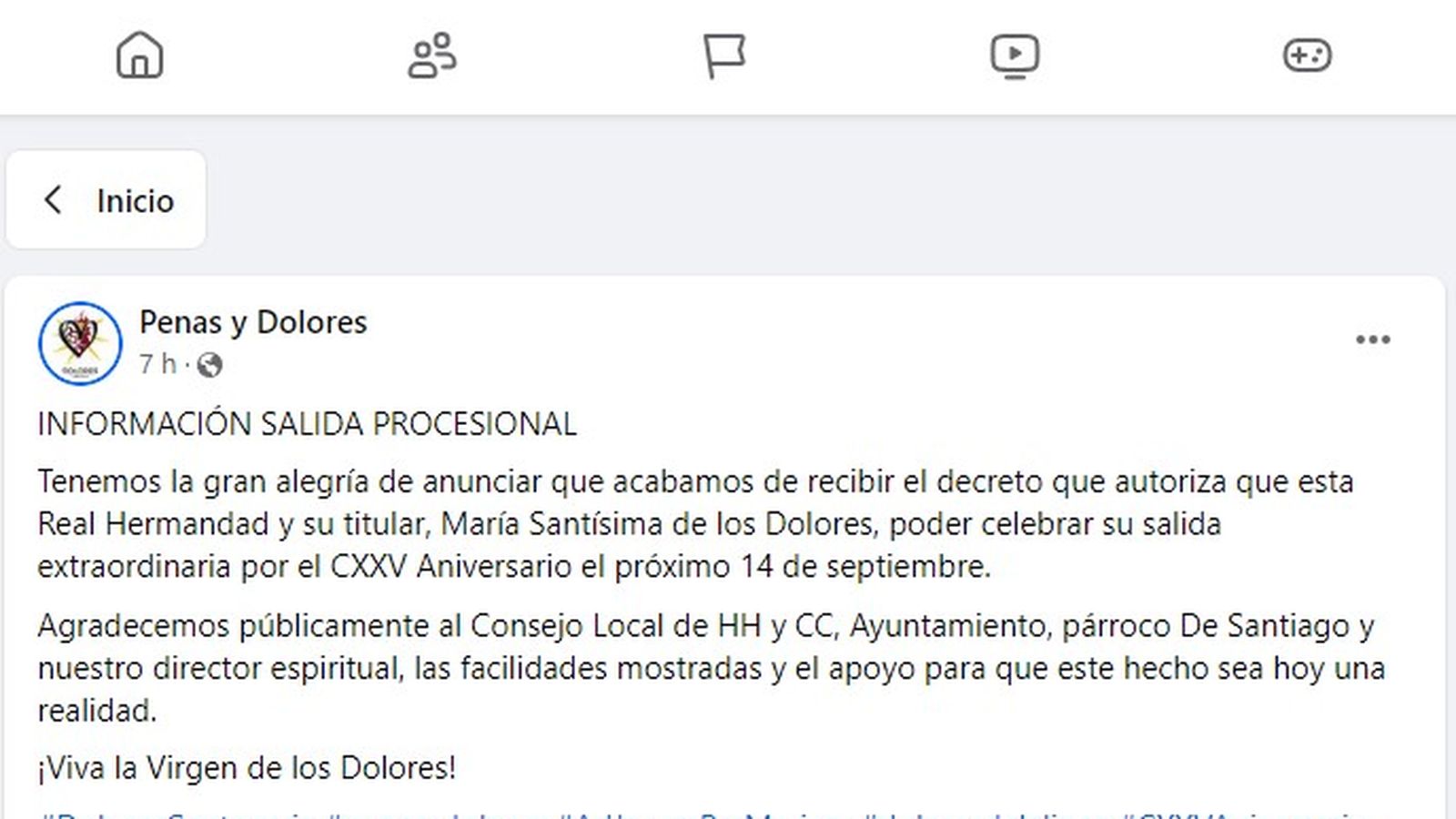 El decreto en la cuenta de facebook de la hermandad