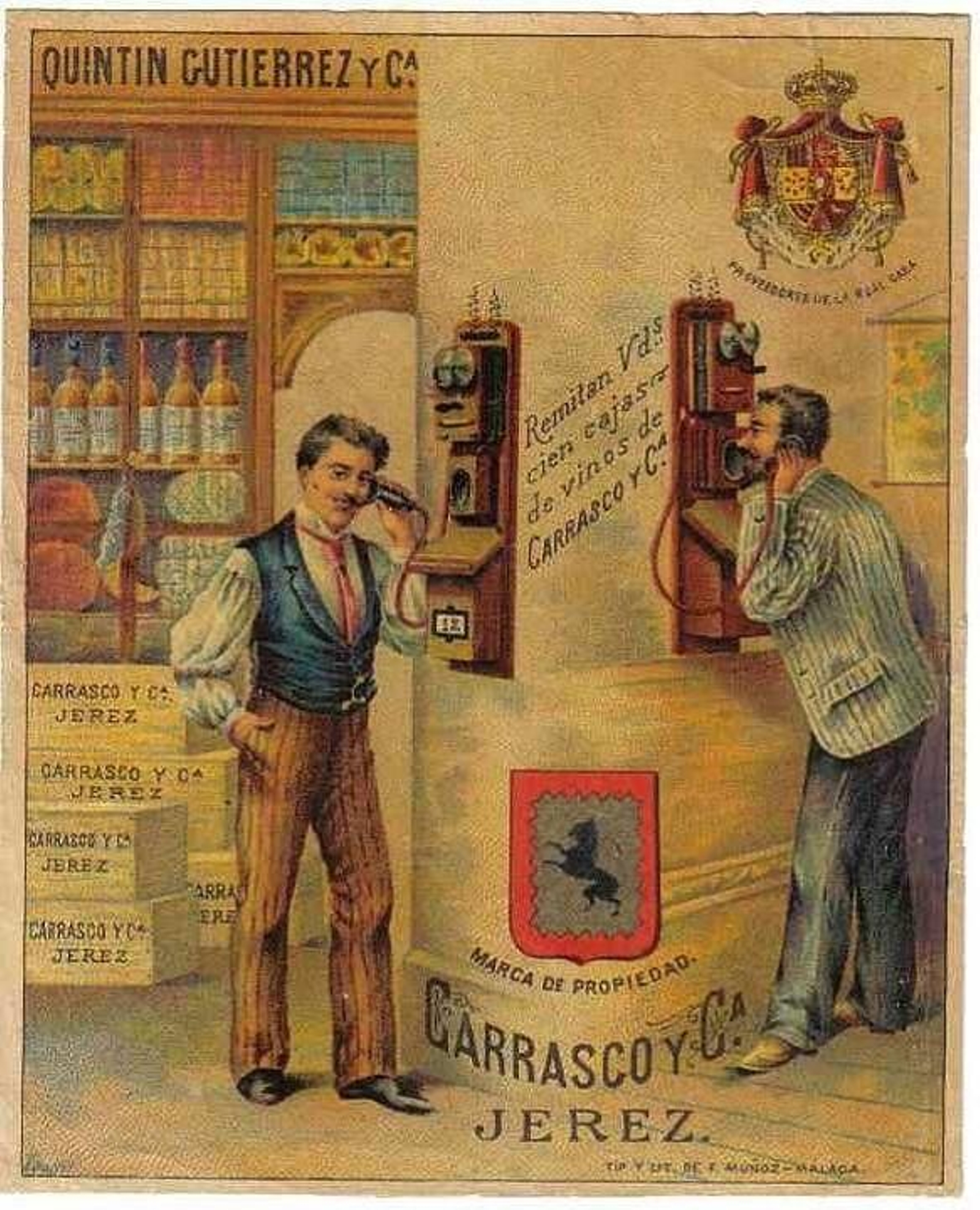 Las bodegas jerezanas pronto se hicieron con el invento, tal como se aprecia en la etiqueta de Carrasco y Cia.