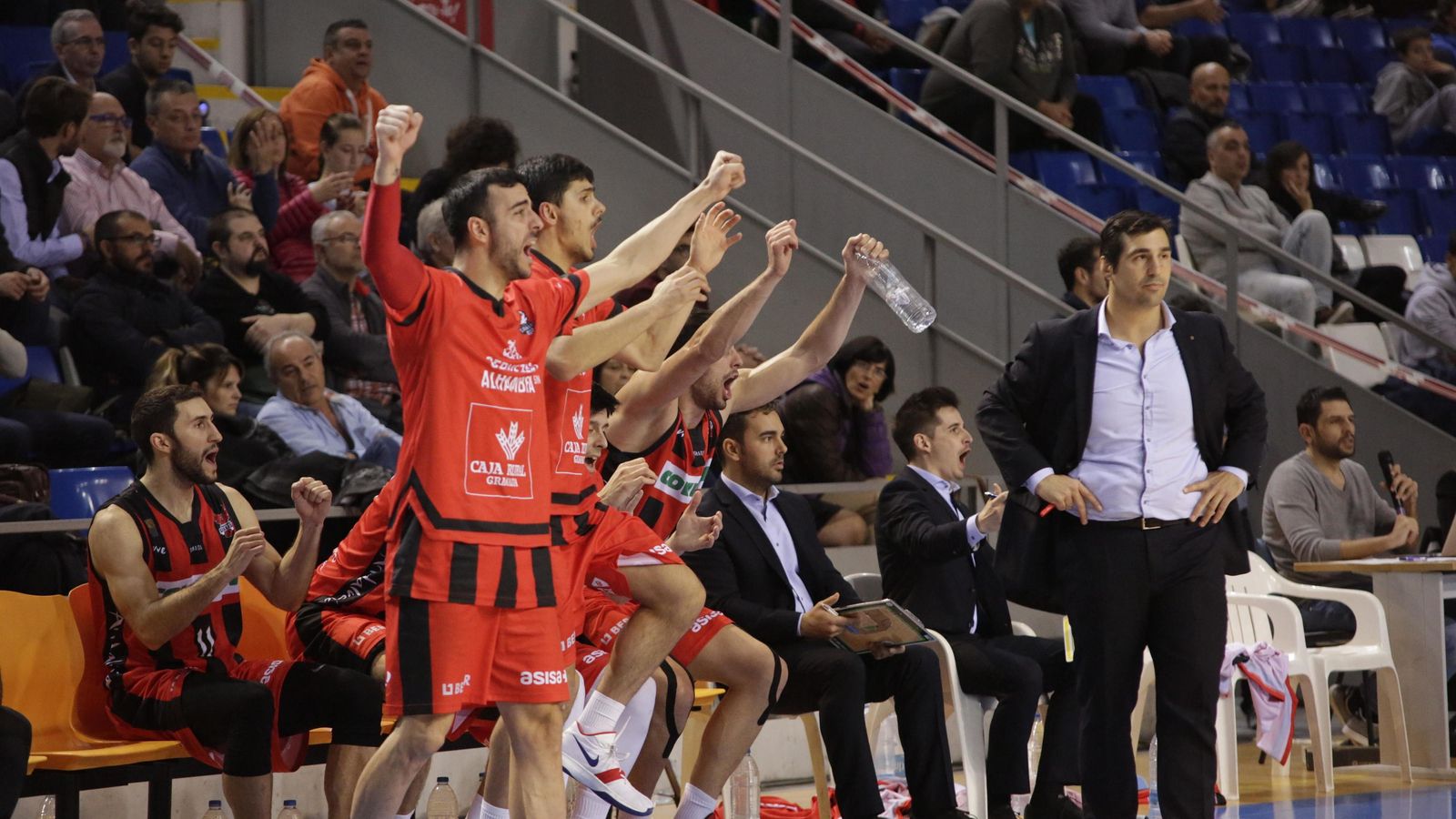 El banquillo del Covirán celebra una de las canastas del equipo