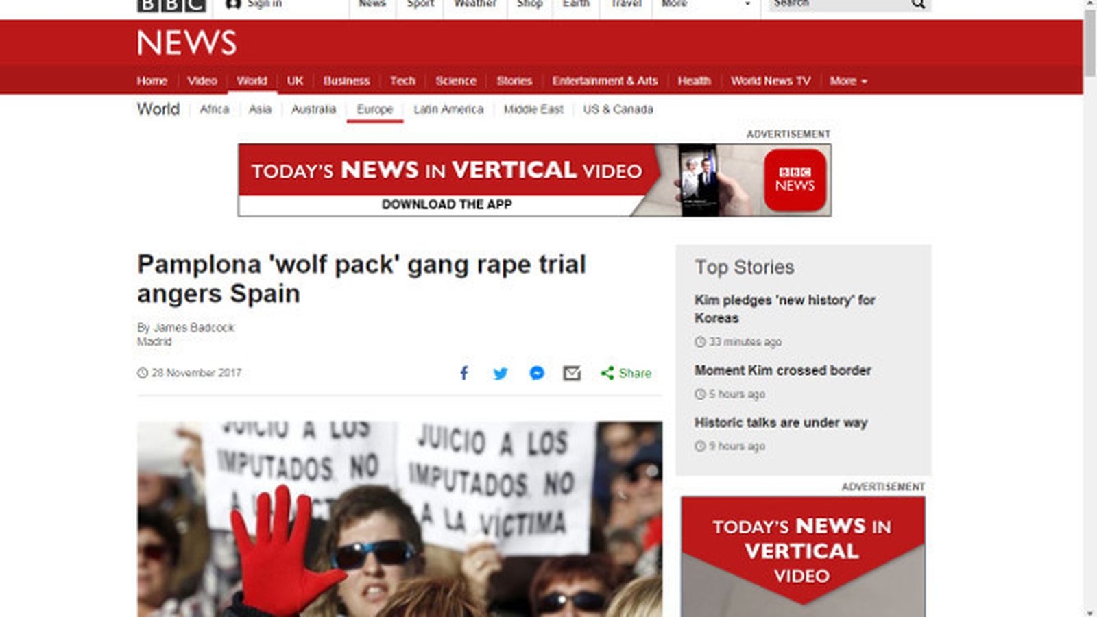 La BBC titula: 'El juicio por la violación de la Manada enfada a España'