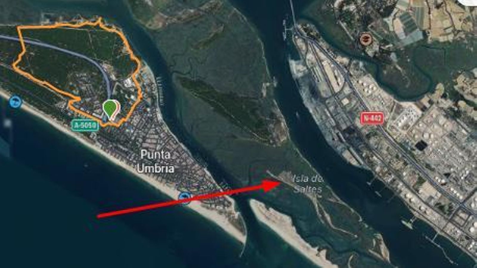 Ubicación de la Isla de Saltés y la ruta señalada que hicimos