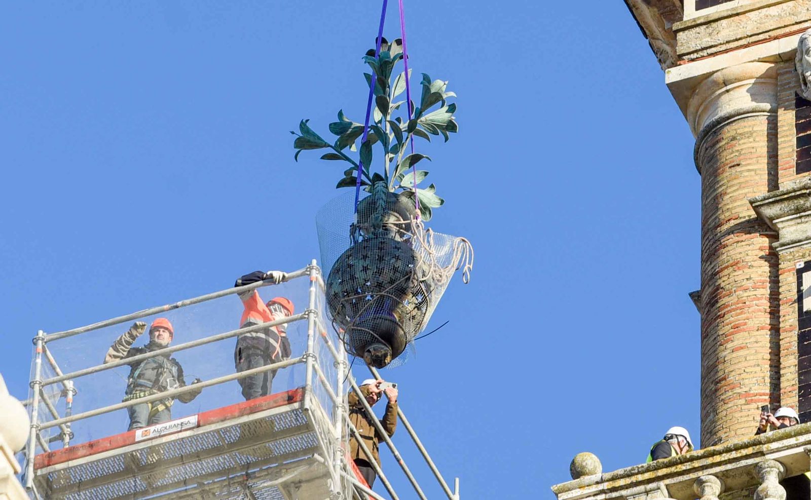 La retirada de las jarras de las azucenas de la Giralda, en imágenes