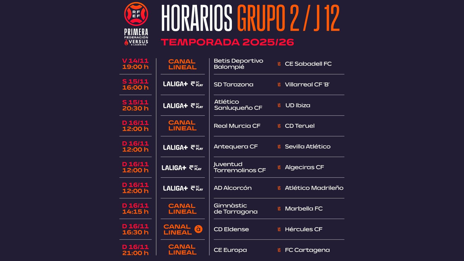 Los horarios de la 12ª jornada en el grupo 2 de Primera Federación.