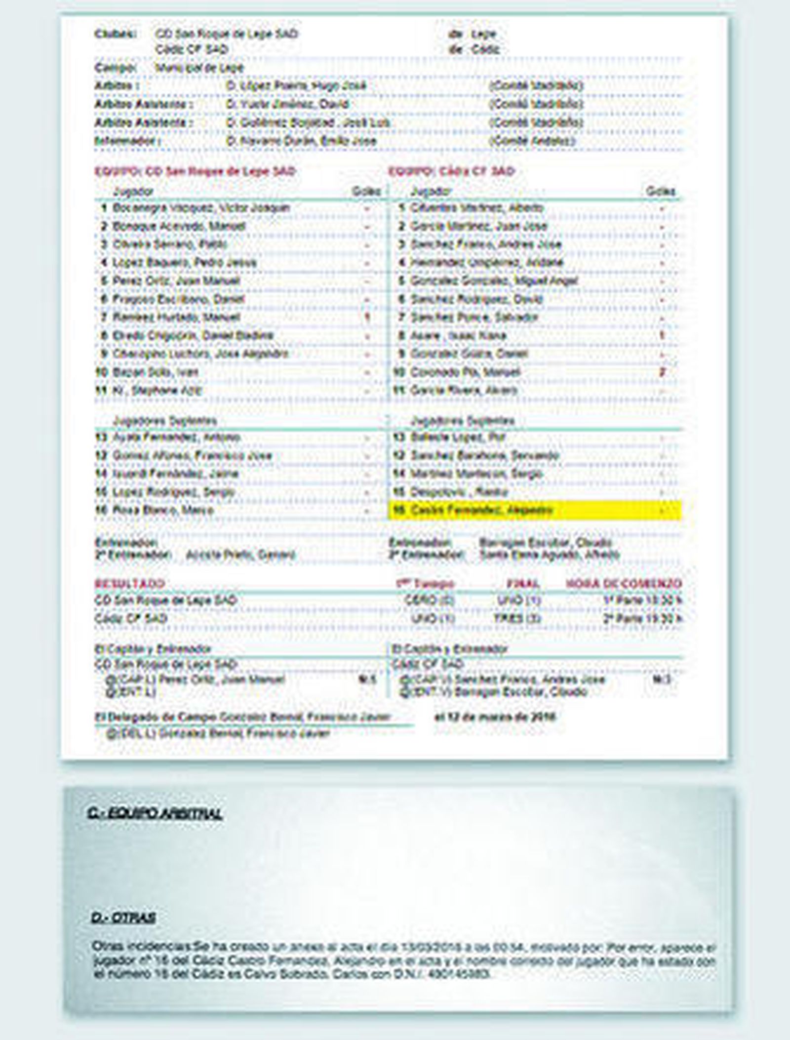 Arriba, el acta del partido con el nombre completo de Jandro con el número 16. Abajo, el anexo de rectificación.