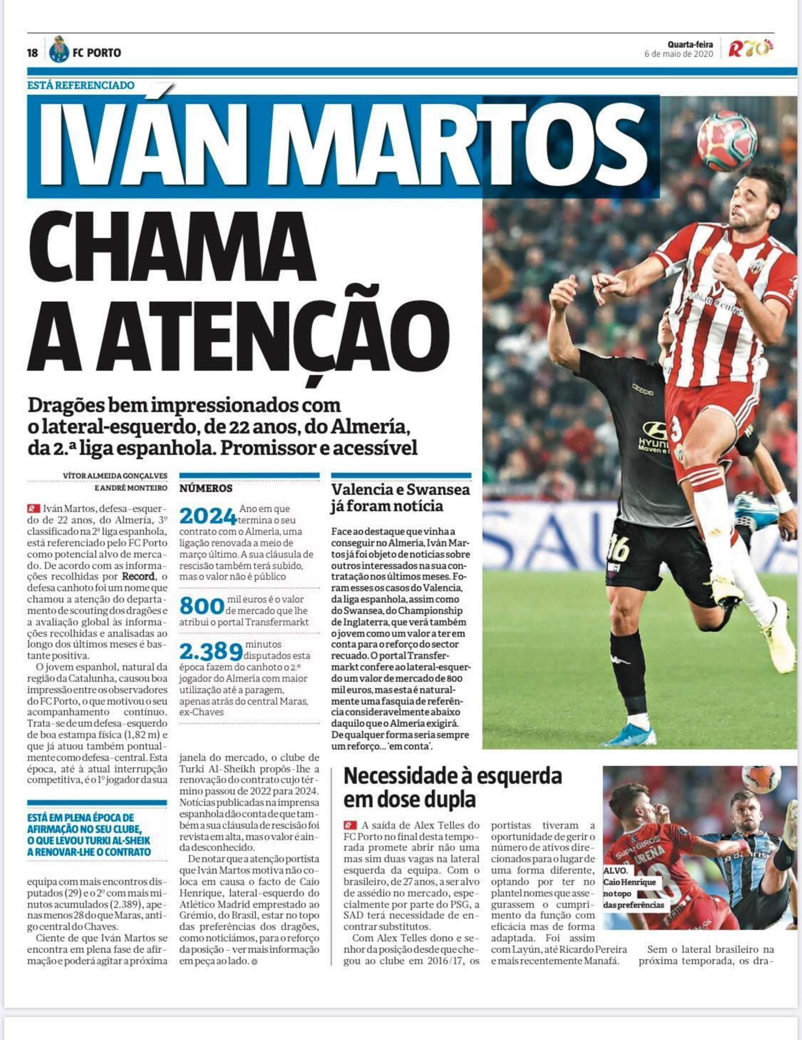 Información del diario luso Record sobre el interés del Oporto en Iván Martos