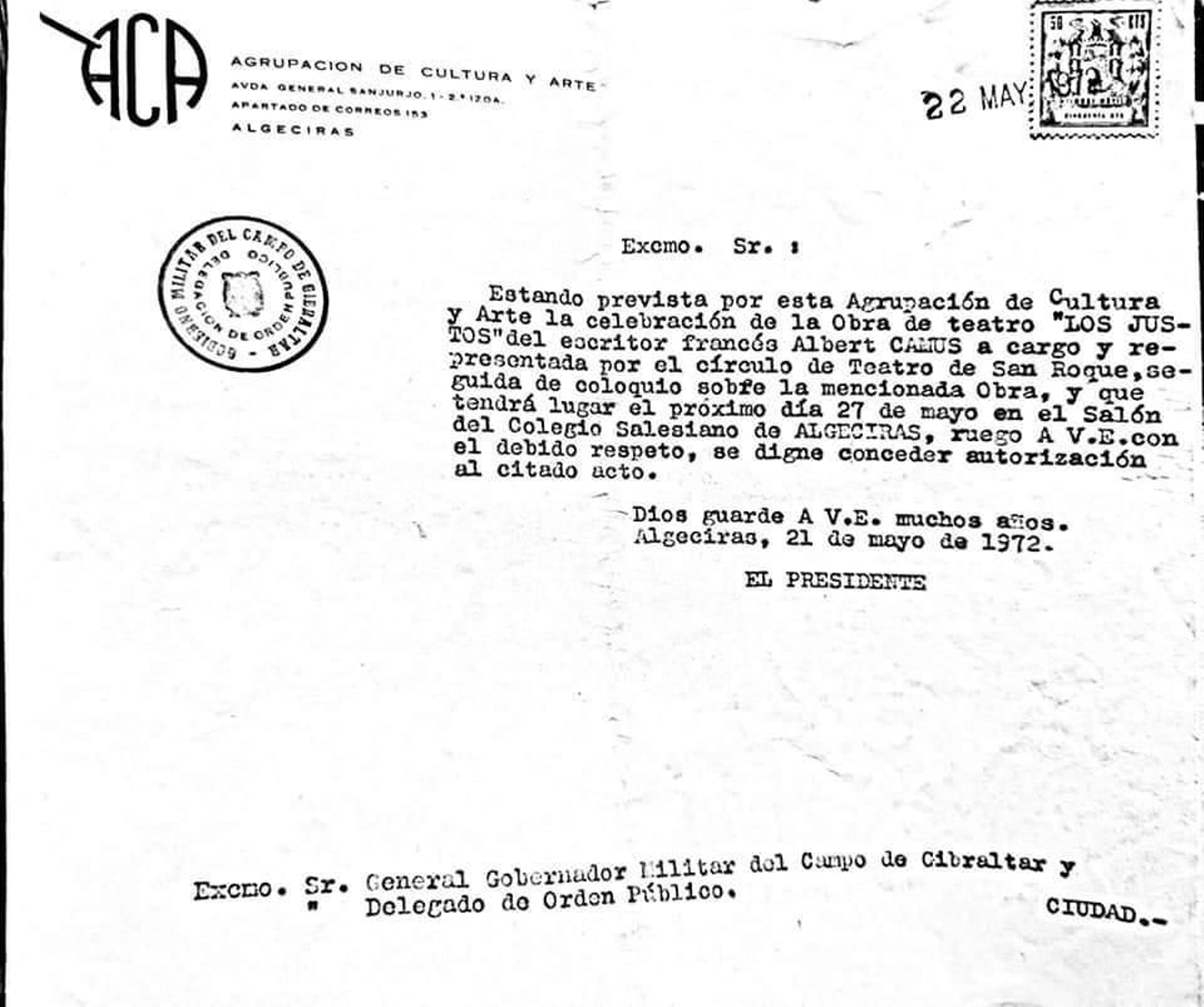 Autorización para una de las representaciones teatrales de la ACA