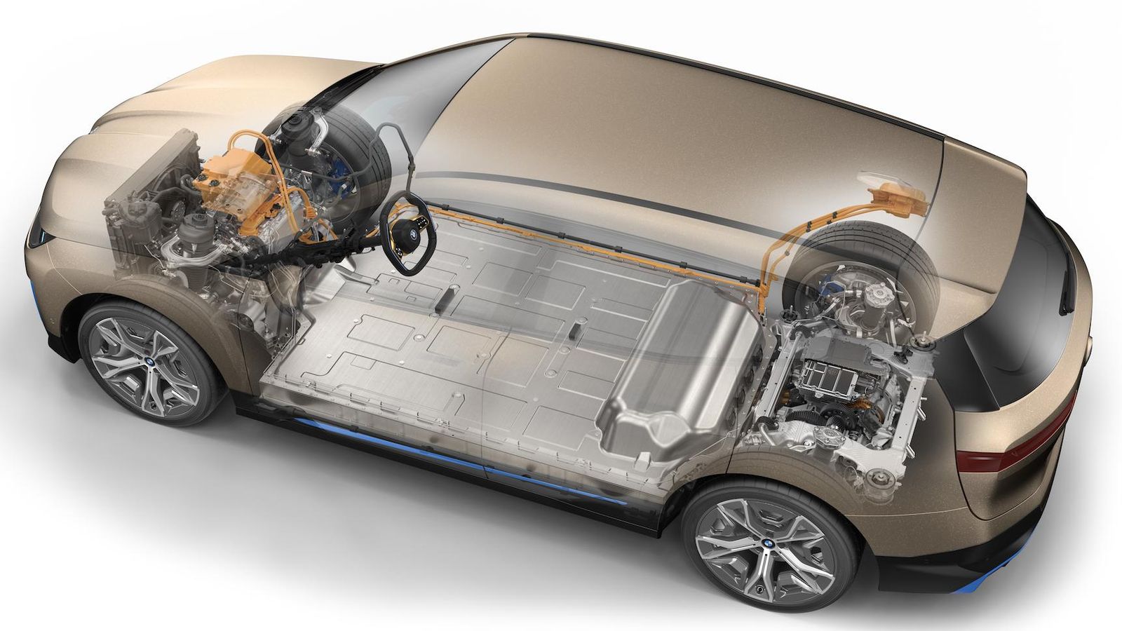 Un motor por eje y, entre ambos y bajo el suelo del maletero, las baterías que, en principio, podrían tener una capacidad de unos 100 kWh.