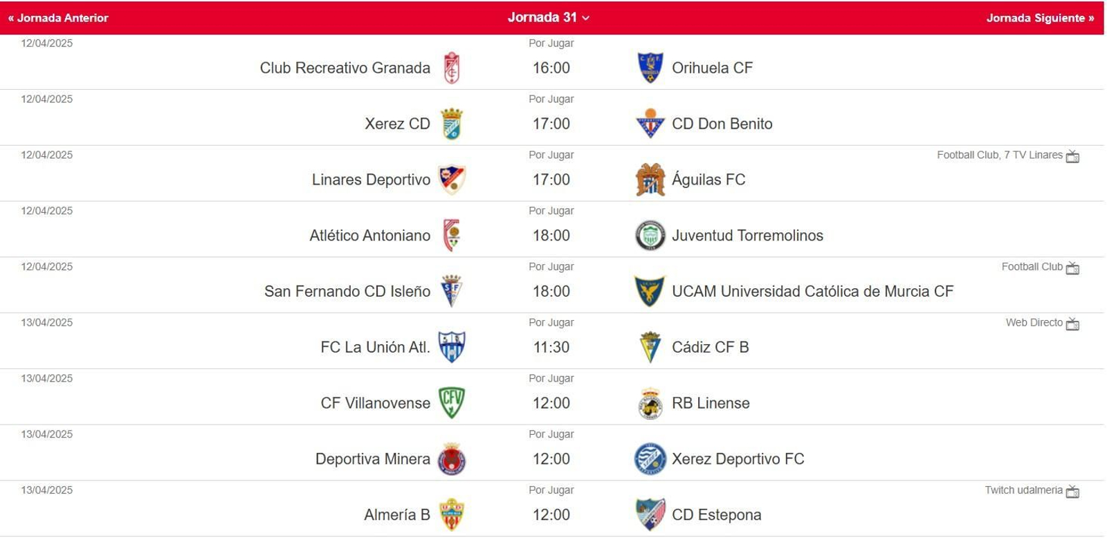 Los horarios de la jornada 31 en el grupo IV de Segunda Federación
