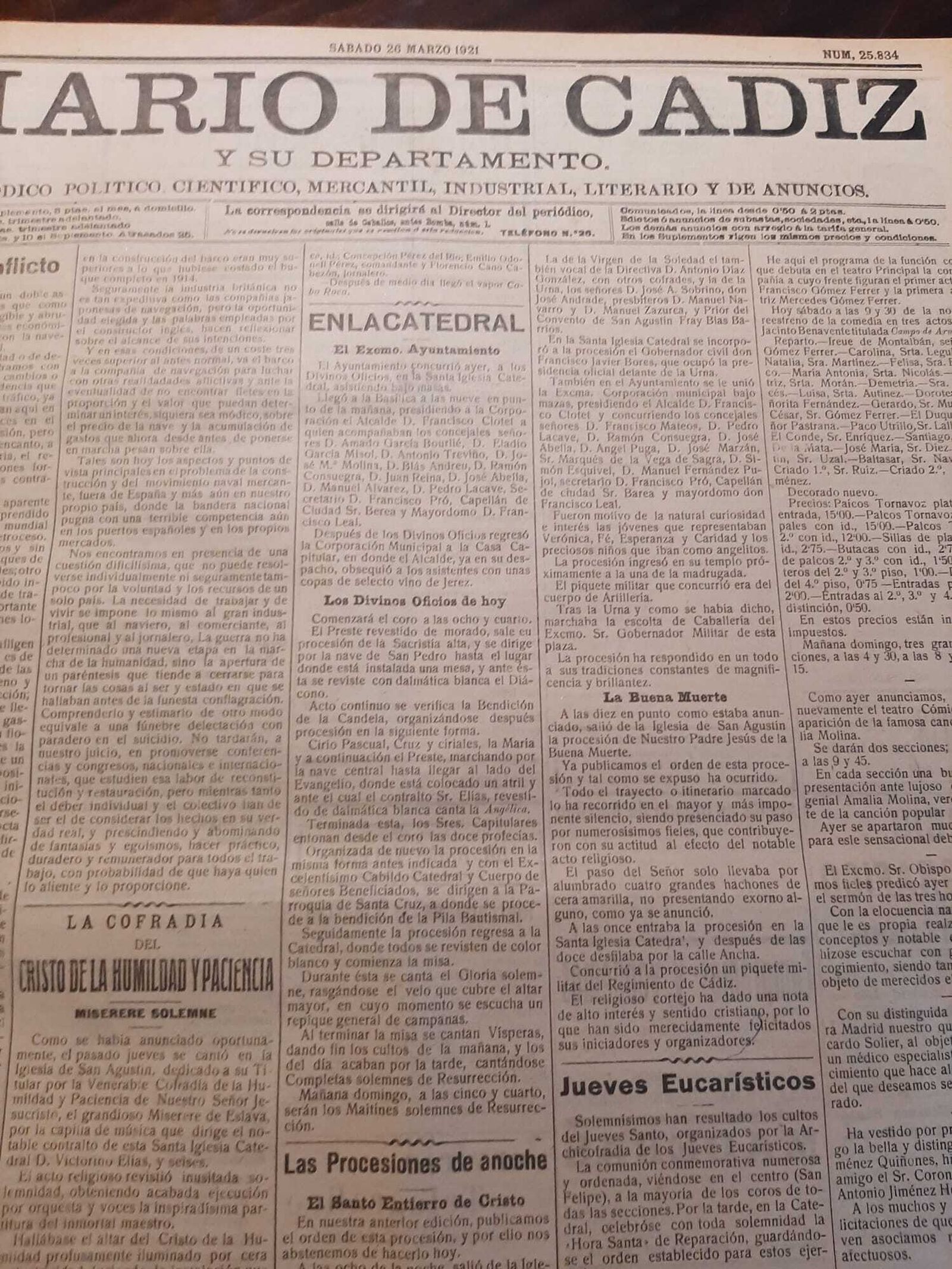 Diario del 26 de marzo de 1921, que reflejaba la crónica de la procesión de la Buena Muerte.