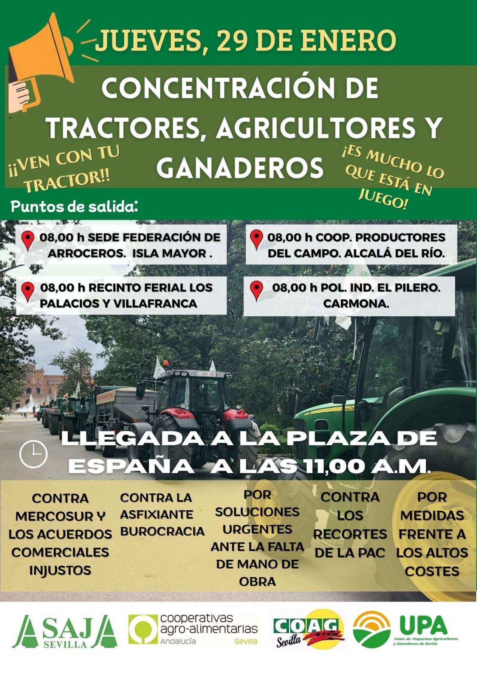 Convocatoria de la tractorada en Sevilla el jueves 29 de enero