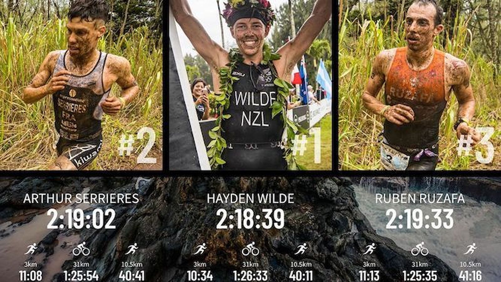 El podio del Xterra: Serrieres (2º), Wilde (1º) y Ruzafa (3º).