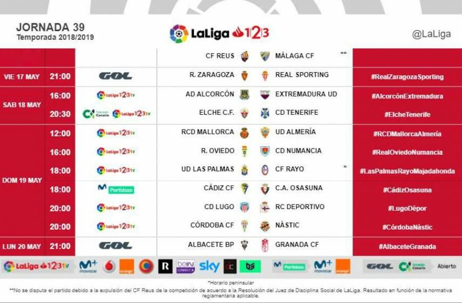 Horarios de la jornada 39