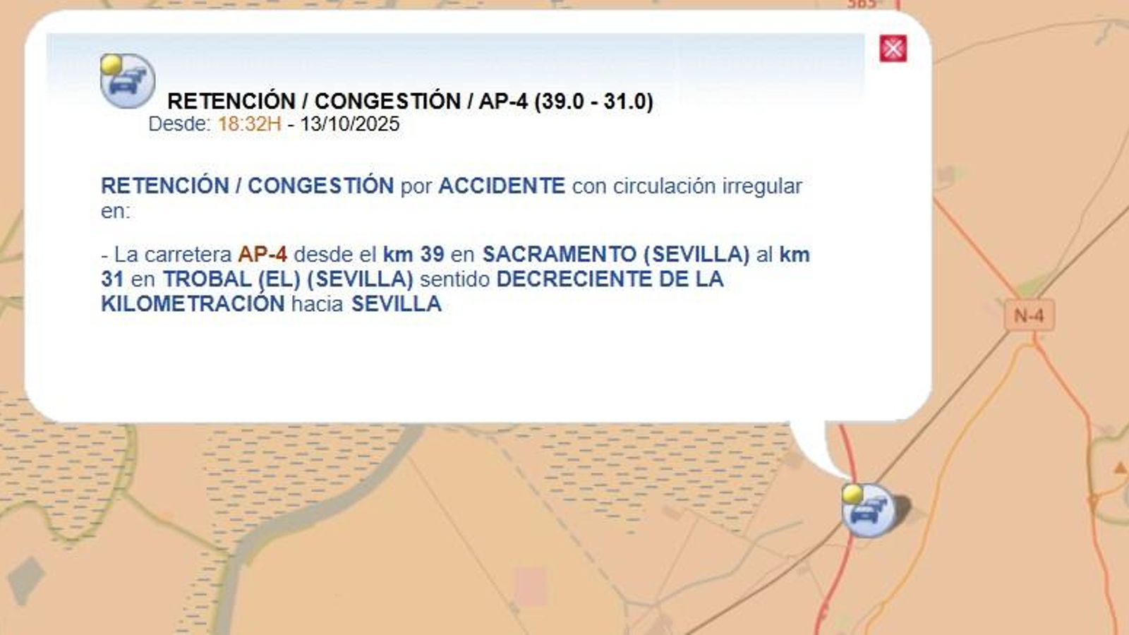 Aviso de tráfico en la AP-4 este domingo