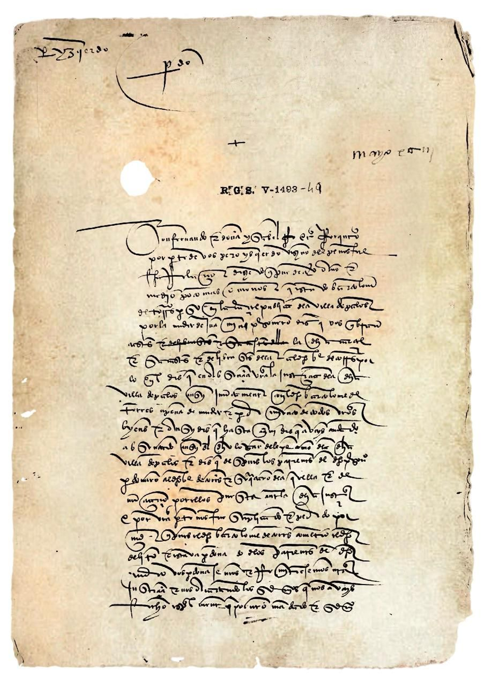 El documento que identifica al lepero Pero Izquierzdo, fechado en Barcelona el 20 de mayo de 1493 y localizado en el archivo de Simancas.