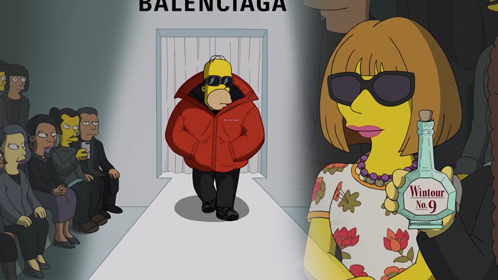 Homer desfila por la pasarela mientras Anna Wintour presenta un perfume suyo.
