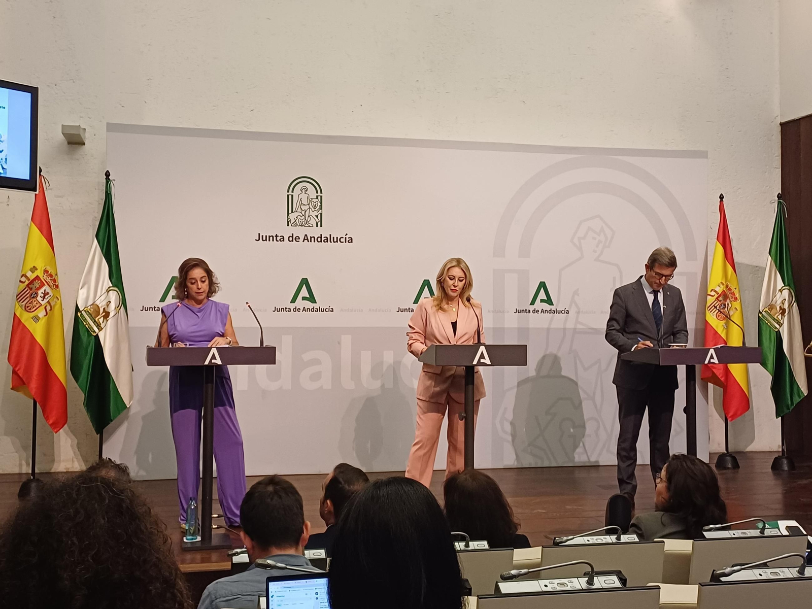 Los consejeros Catalina García, Carolina España y Jorge Paradela, este miércoles en la rueda de prensa tras el Consejo de Gobierno.