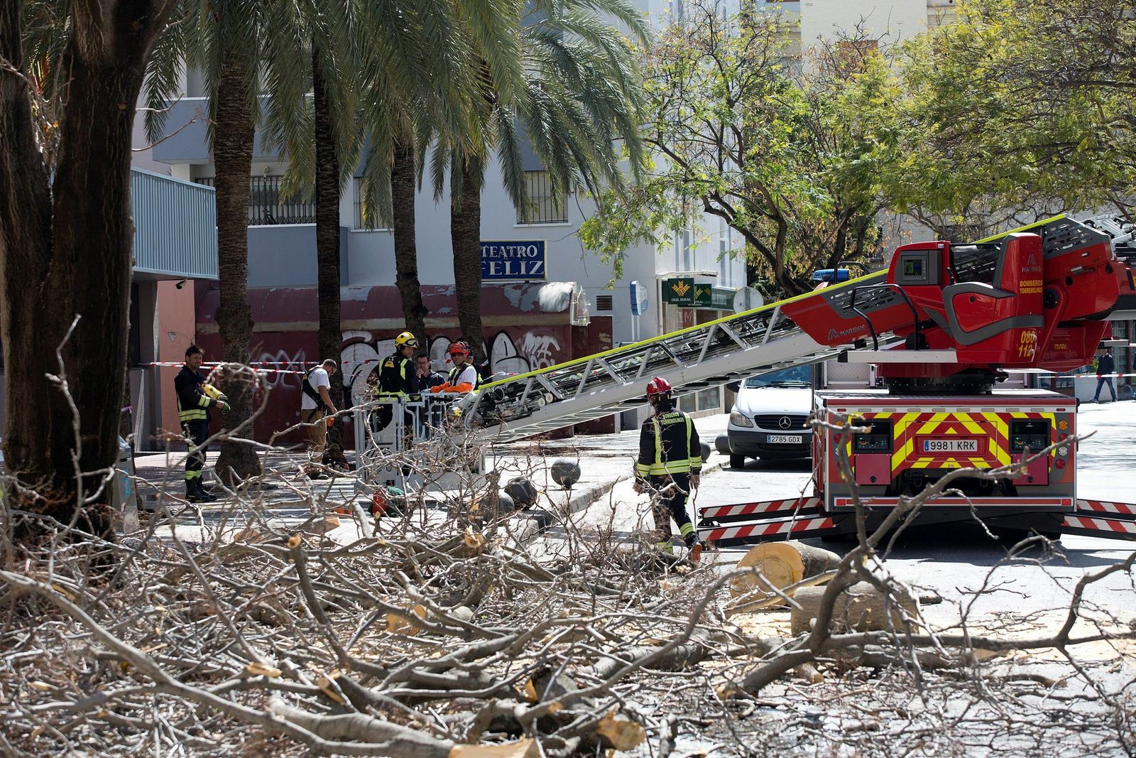 Los bomberos intervienen en la zona del árbol caído en Torremolinos.