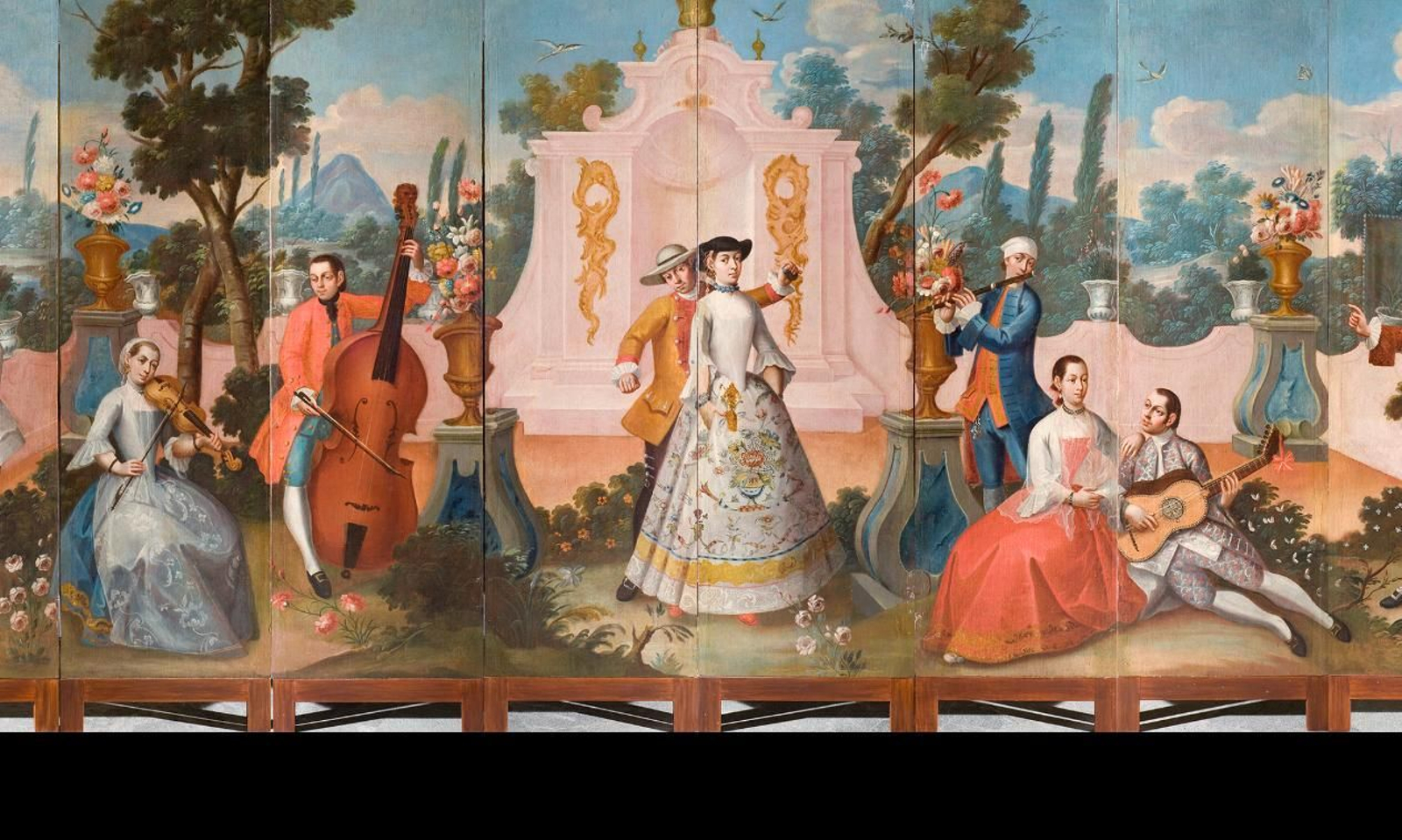 "Sarao en un jardín", biombo de madera pintado al óleo, siglo XVIII. Museo Nacional de Historia de México, Castillo de Chapultepec. "Sarao en un jardín", biombo de madera pintado al óleo, siglo XVIII. Museo Nacional de Historia de México, Castillo de Chapultepec.