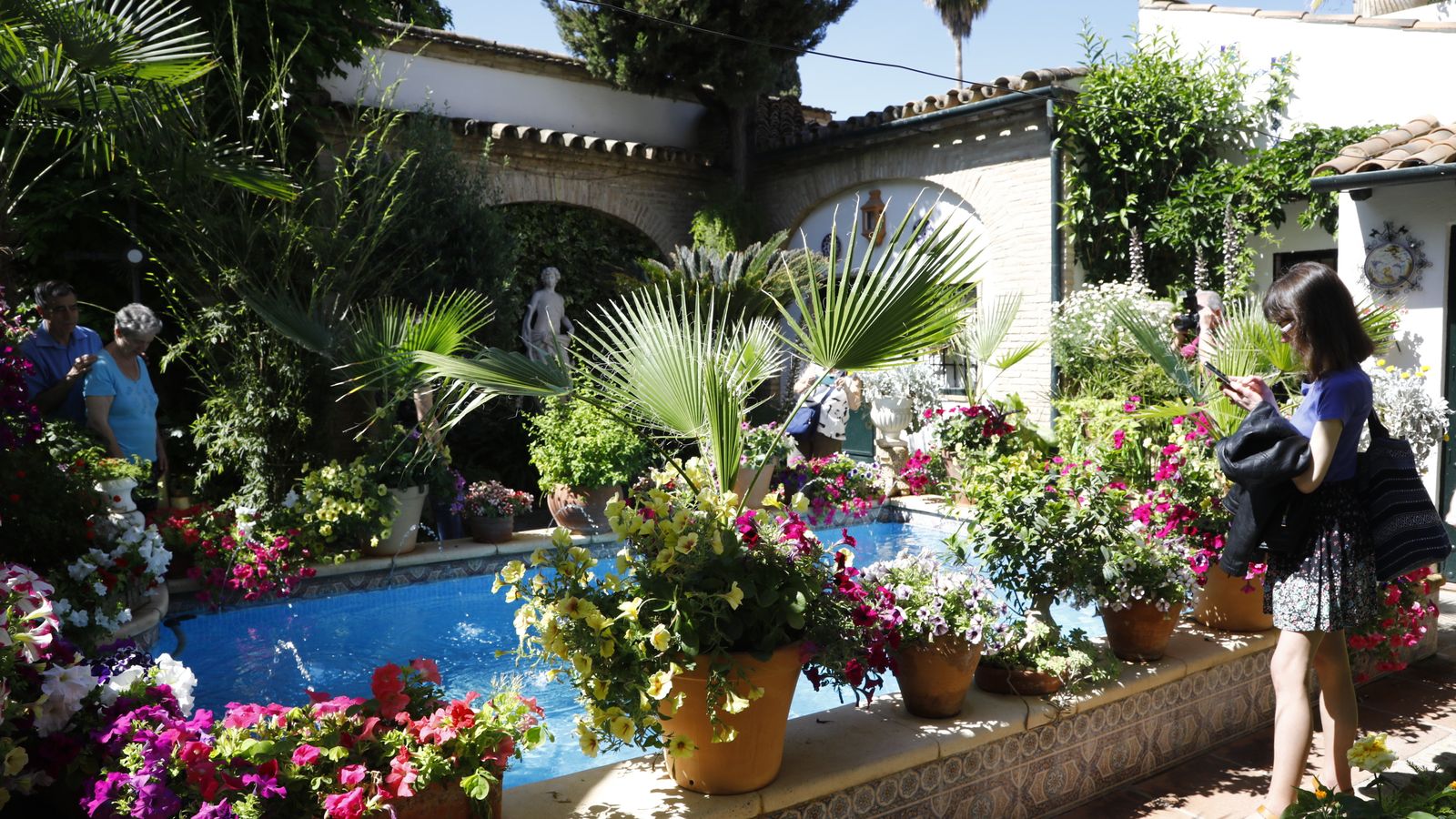Visitantes observan la alberca del patio Aceite, 8.
