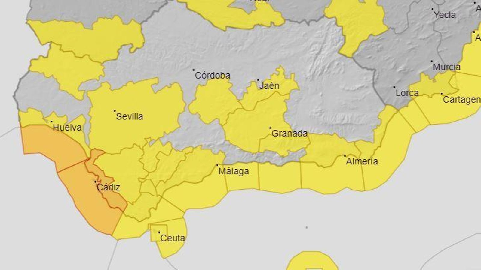 Mapa de alertas previsto en Andalucía para el viernes 9 de febrero. Mapa de alertas previsto en Andalucía para el viernes 9 de febrero.